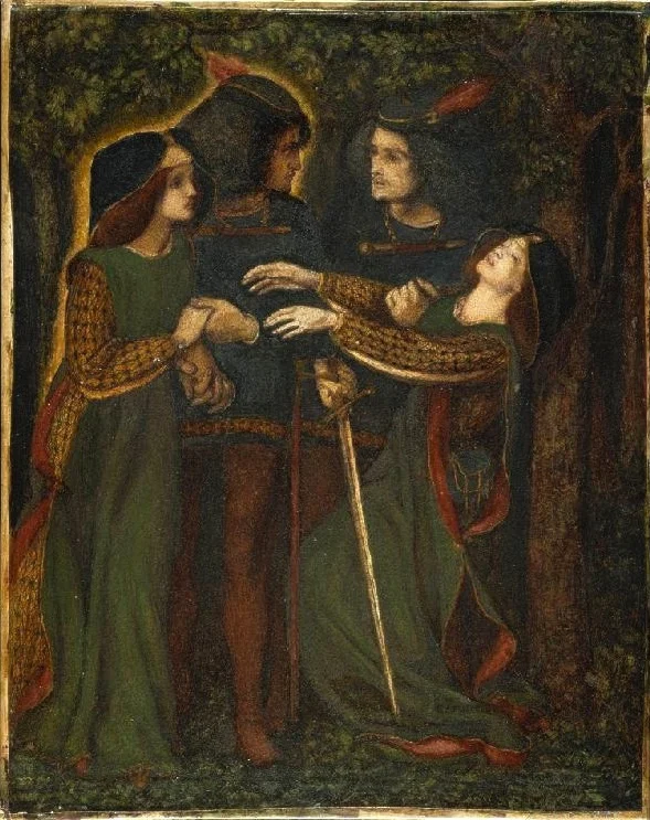 How They Met Themselves, Dante Gabriel Rossetti, c. 1860-1864. A couple comes upon their doppelgängers glowing in the woods. The woman faints, while the man draws his sword