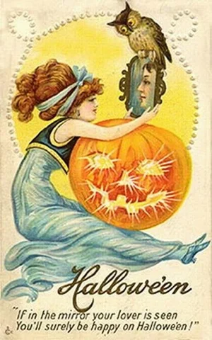 Mirror magic was common on October 31, as seen in this vintage Halloween card