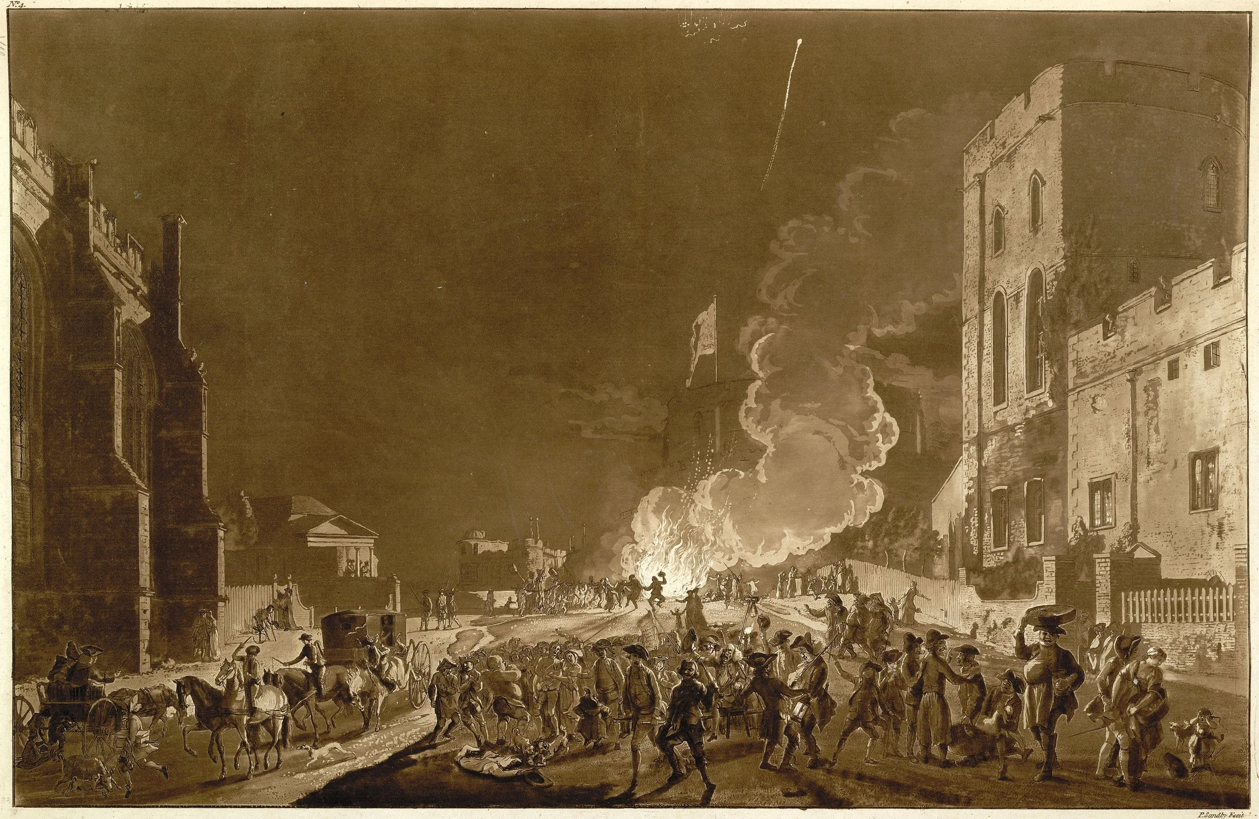 Bonfire Night celebrations take place in front of Windsor Castle in this illustration from 1776