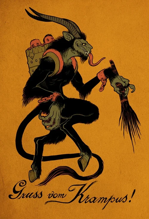 Vintage holiday cards from Austria feature the Christmas Devil, and read, “Greetings from Krampus!”
