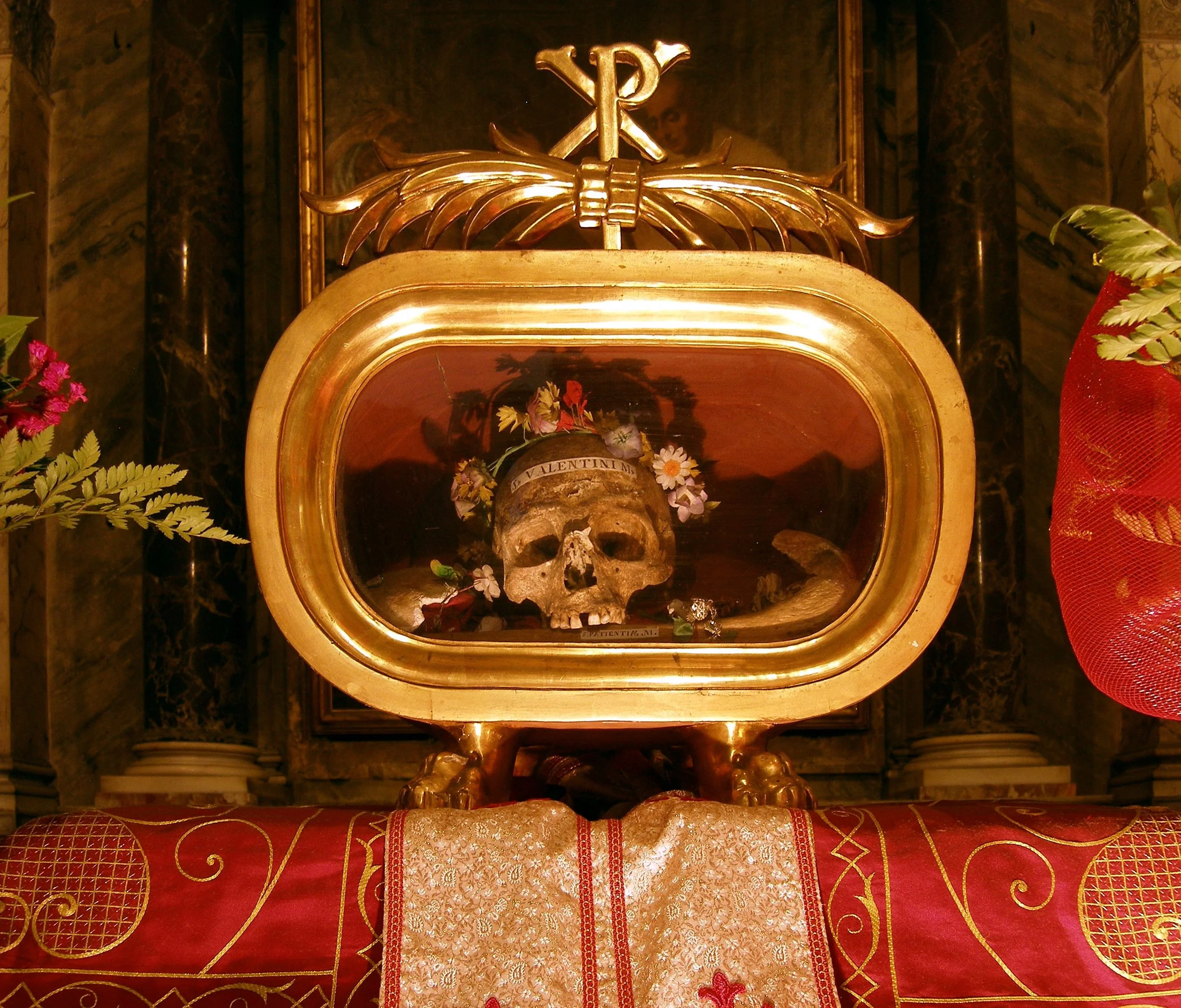 The skull of Saint Valentine resides in the Basilica of Santa Maria in Cosmedin in Rome, Italy.