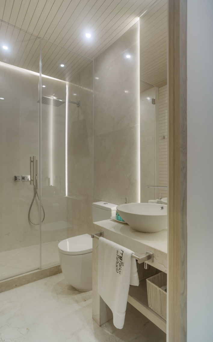 Small modern bathroom with basin sink, toilet and glass-walled shower at Apartment 2 at Los Patios del Pañuelo in Cordoba