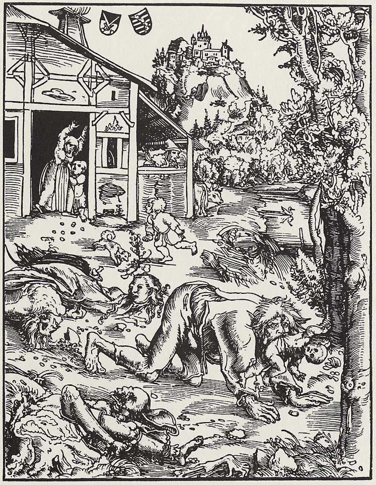 A werewolf attacks a village in this woodcut from around 1512