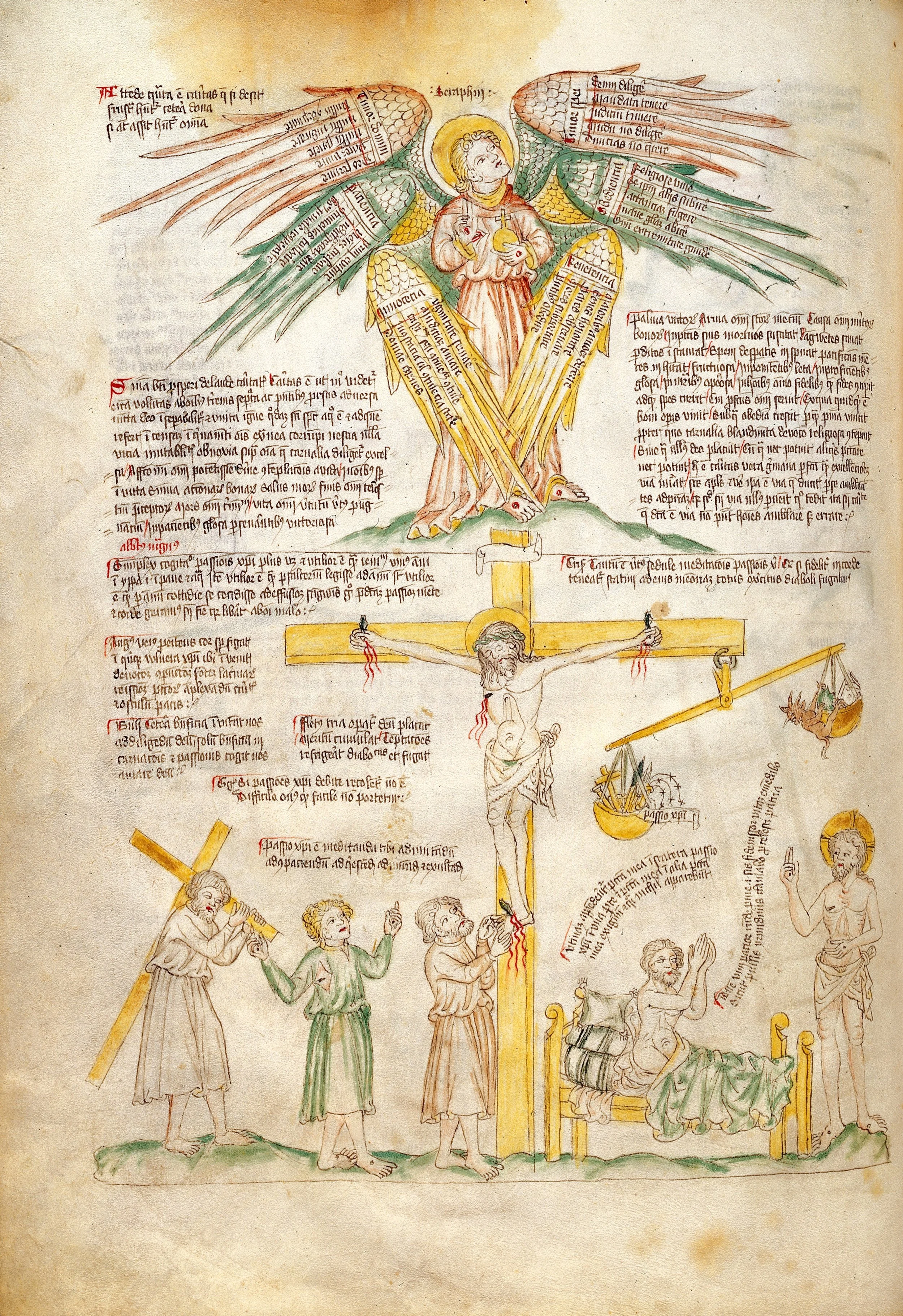 This illuminated manuscript depicts a six-winged seraphim above the crucifixion of Christ