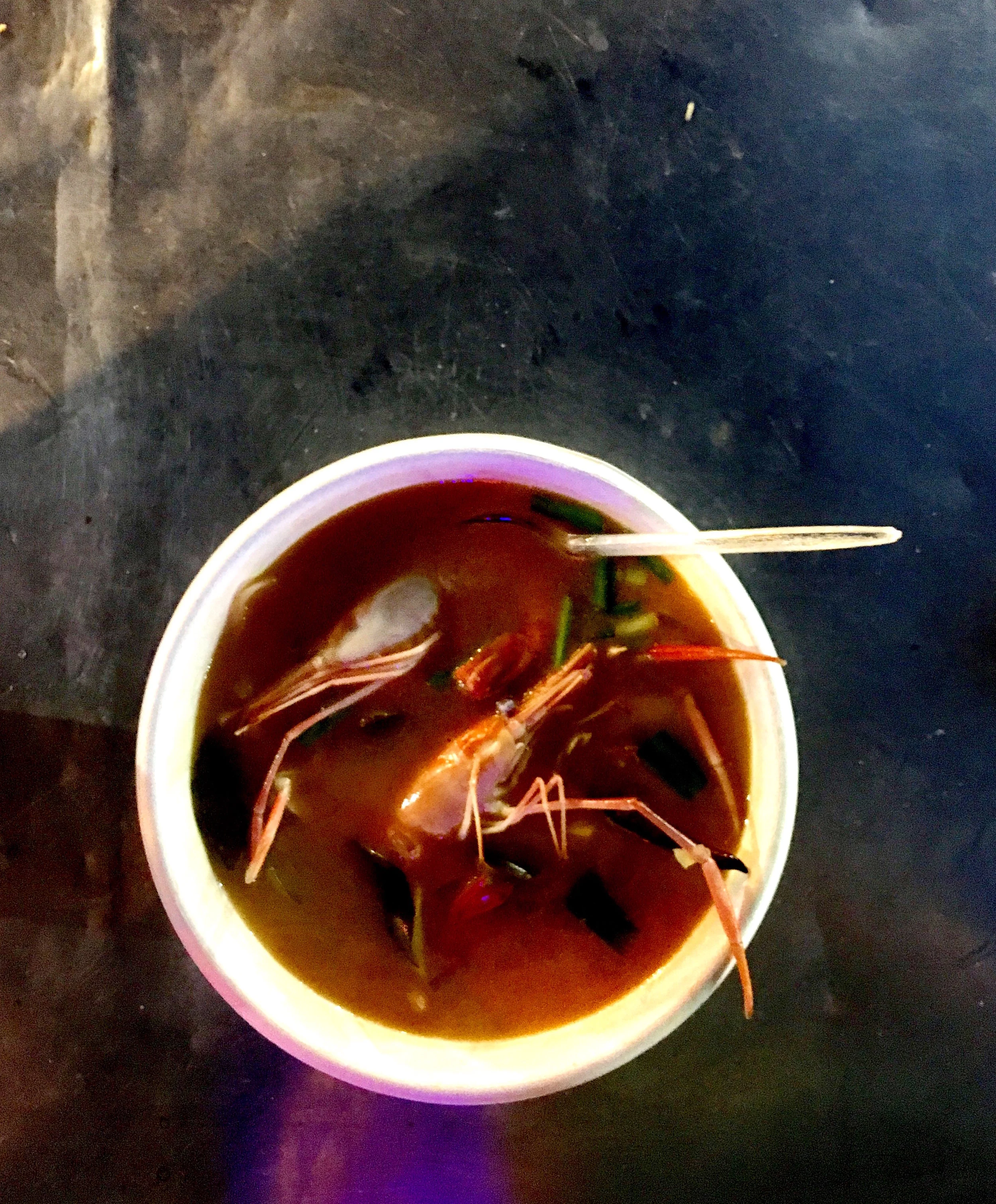 Giant shrimp peeked out of our delicious, piping hot tom yum soup