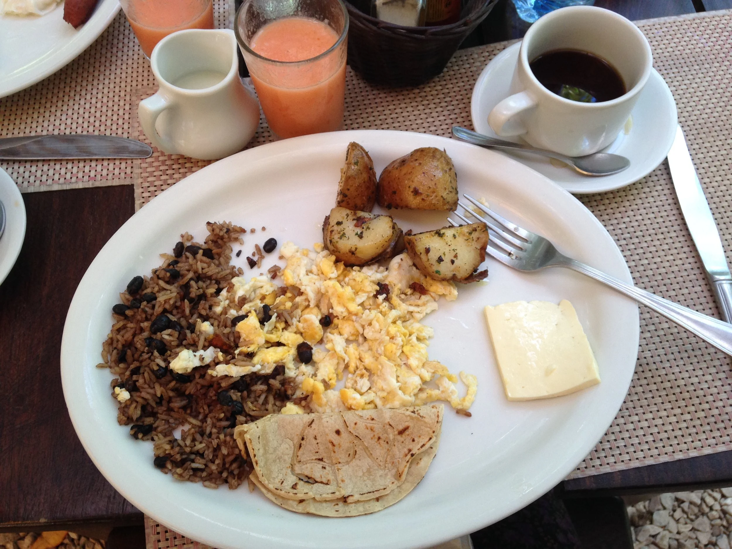 A typical Costa Rican breakfast: gallo pinto with scrambled eggs, fresh tortillas and a couple slices of queso turrialba, a local cheese made in Monteverde that’s rindless, unaged and has a high water content. The potatoes are not typical but were included because they were at a hotel