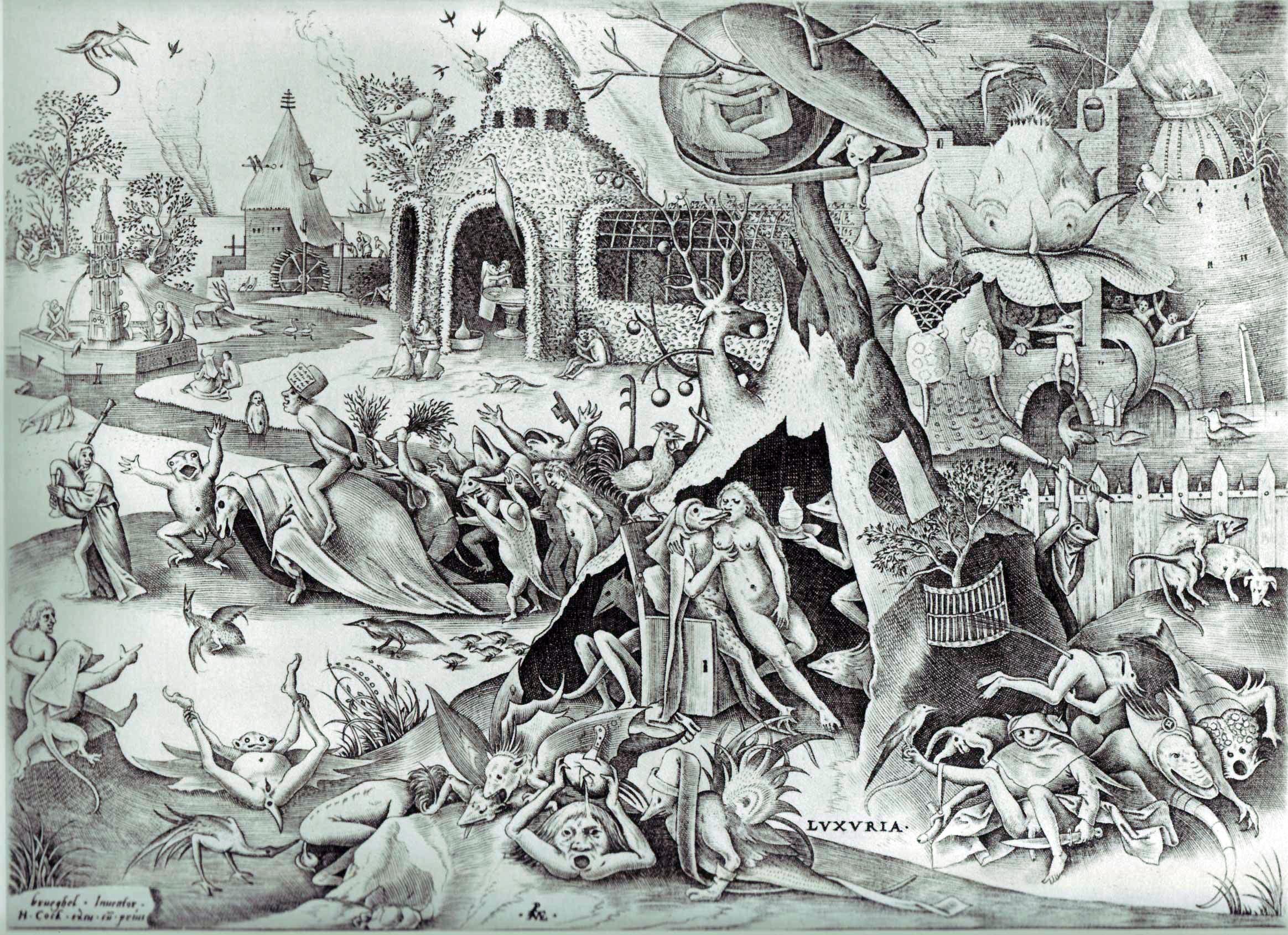 Pieter Bruegel’s  
Lechery , part of a series of etchings and engravings from 1558 on each of the Deadly Sins