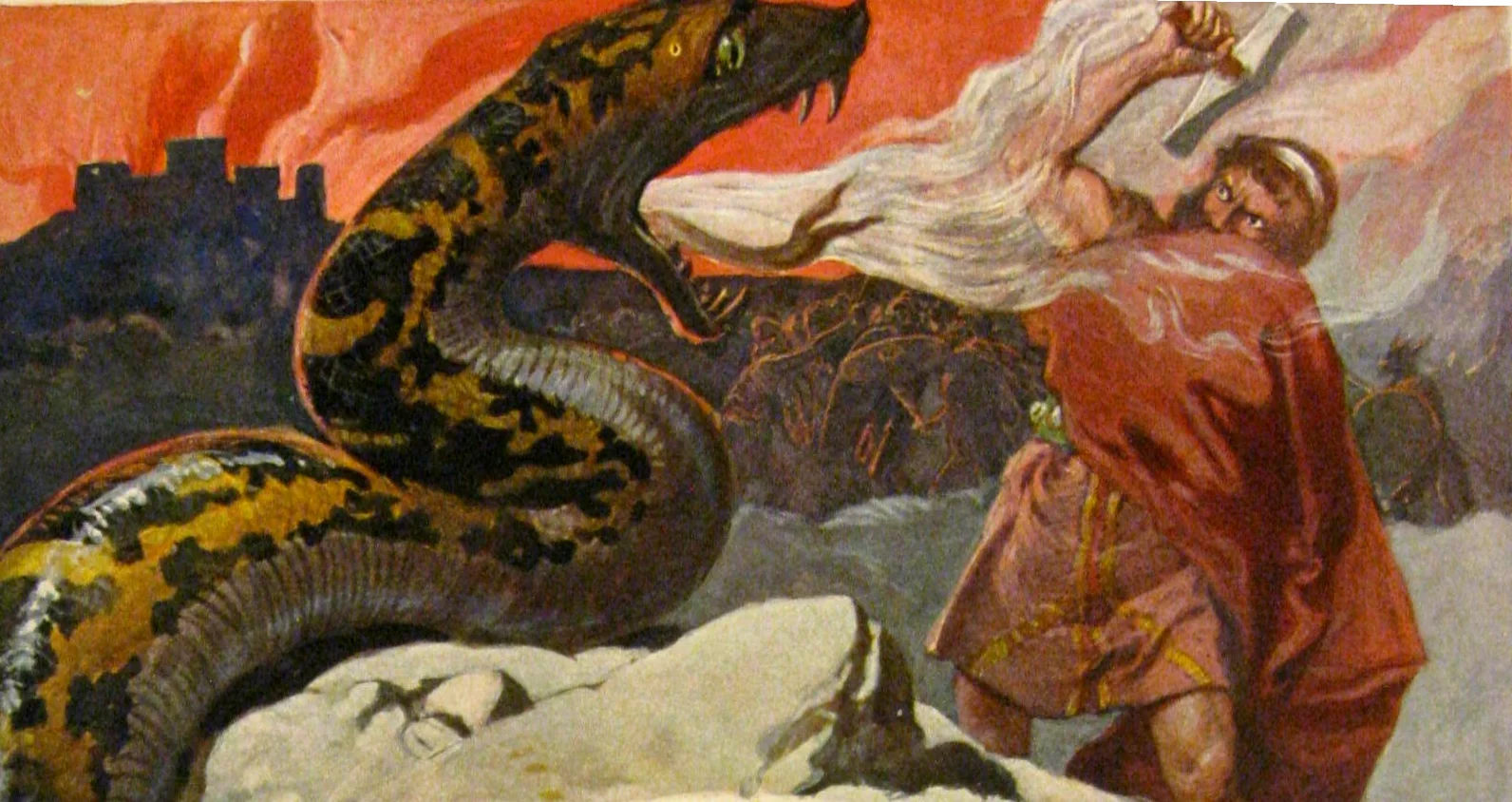 Thor defeats the massive serpent Jormungand — but perishes from its poison right after