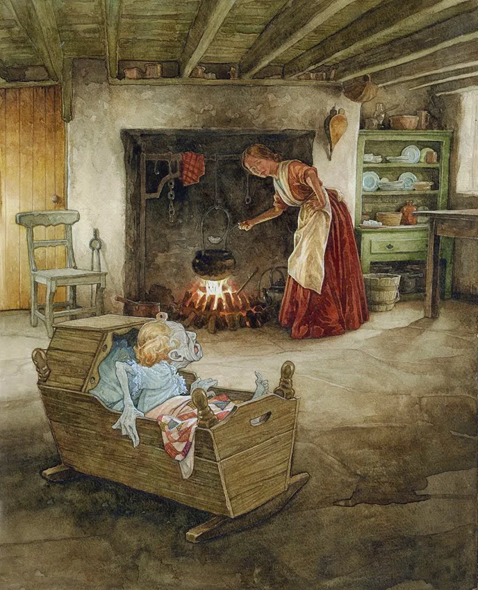 You can tell something’s not right with the baby in this illustration of a changeling by P.J. Lynch