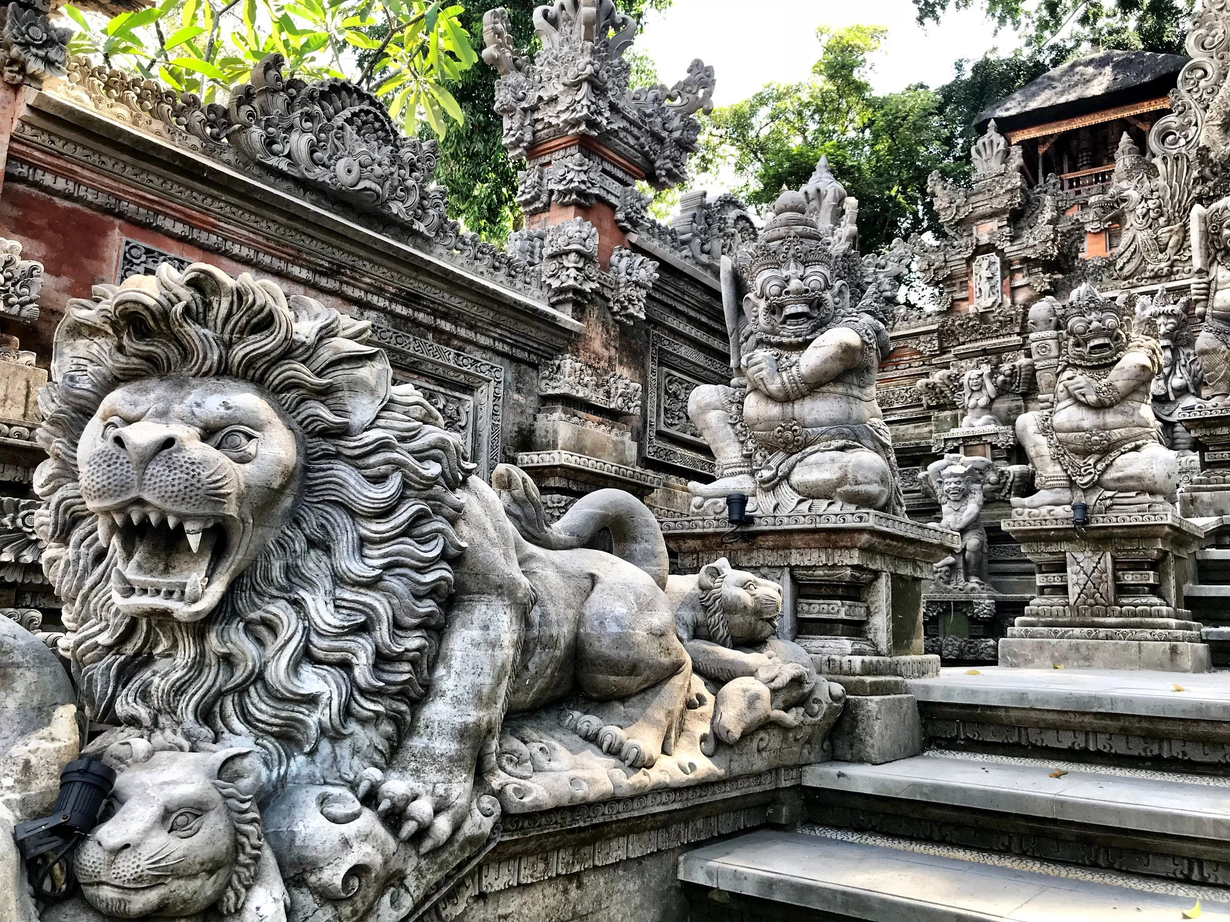 Ferocious beasts populate the entrance to the temple
