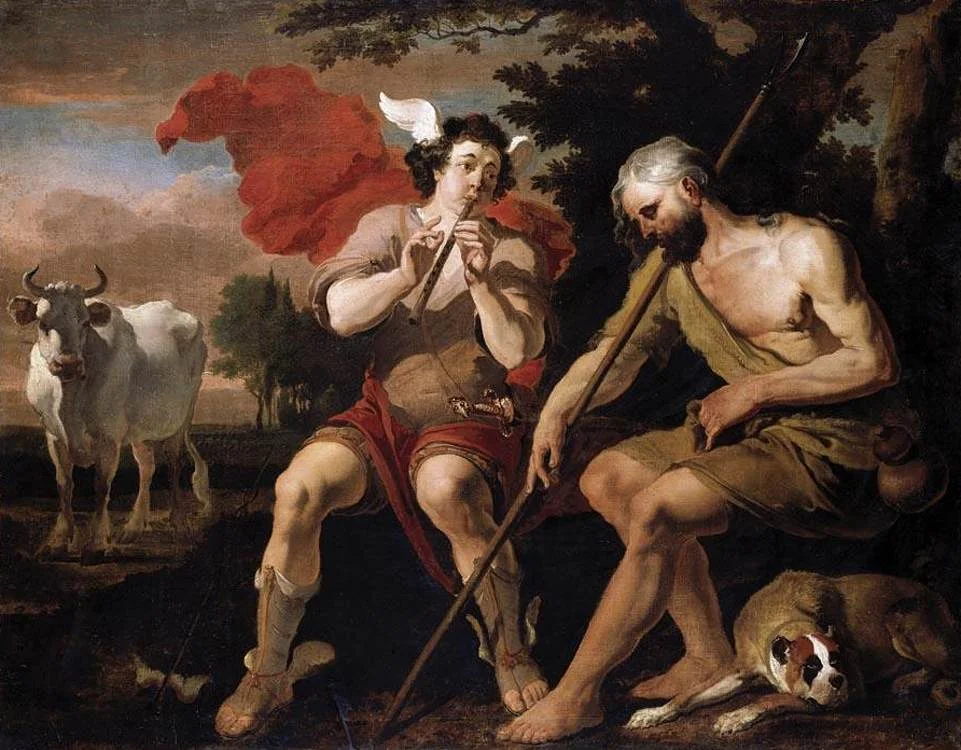 Mischievous Mercury (the Roman equivalent of Hermes) lulls a watchman to sleep so he can steal a cow: Mercury and Argos by Abraham Hondius, late 1600s
