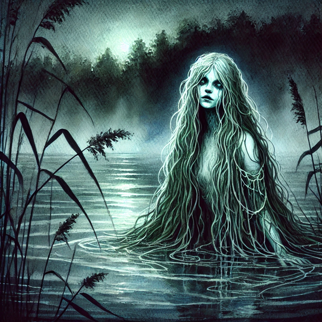 A rusalka, the spirit of a drowned young woman, with long hair, stands in the water at night