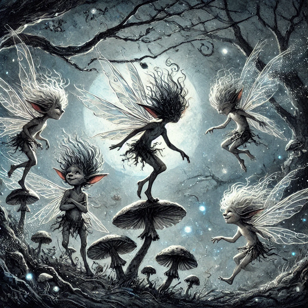 Small fairylike sprites fly under the light of a full moon in a forest with toadstools
