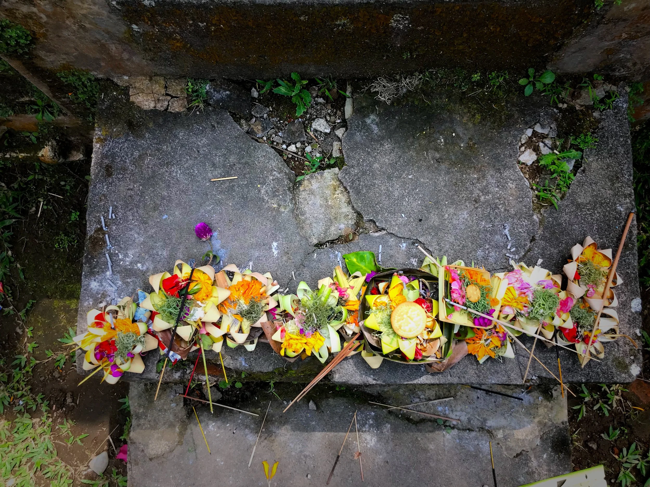An assortment of daily offerings placed at the threshold of the bathing pools are filled with flowers and sticks of incense
