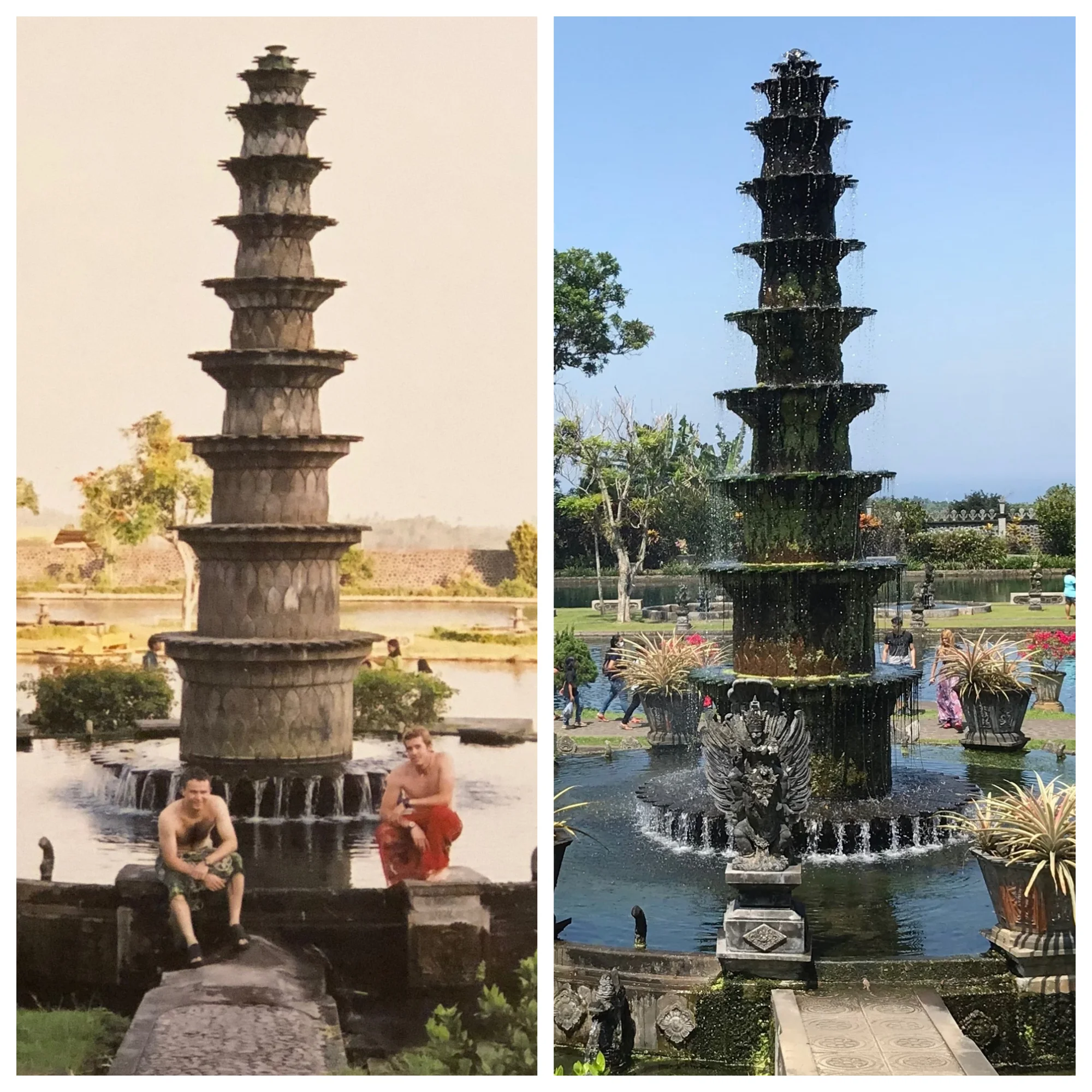 Bali then: Malcolm and Wally at Tirta Gangga’s lotus fountain in 2001 Bali now: The royal water garden has been renovated and is much more crowded