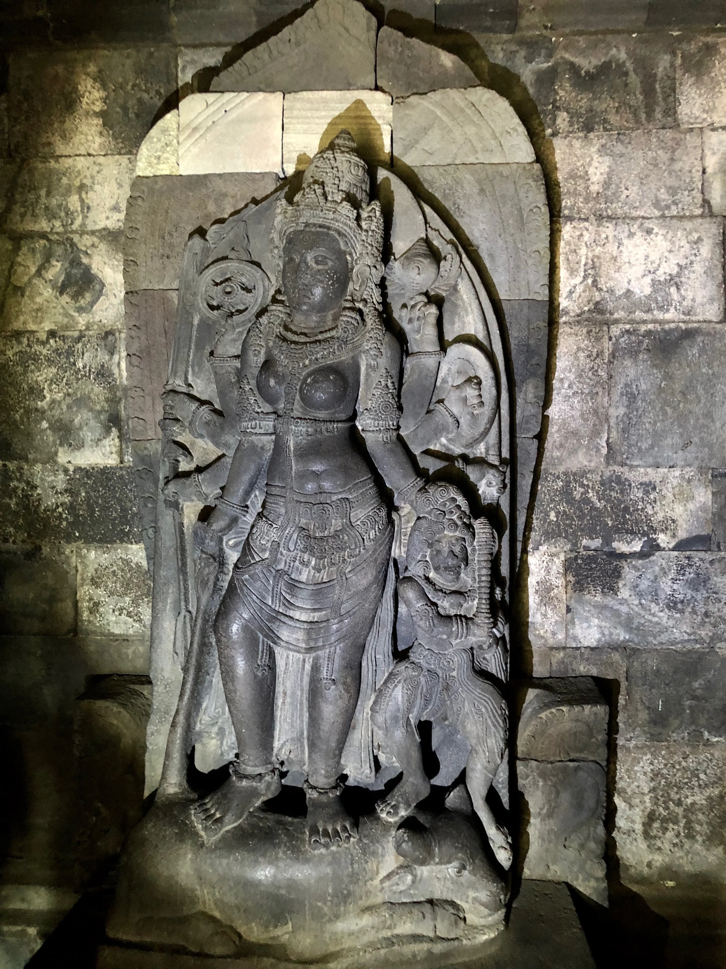 Fierce Durga holds weapons in six of her eight hands