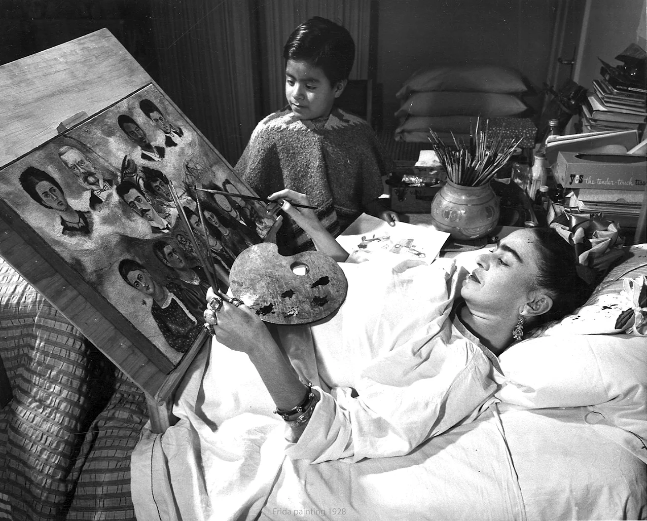 The bed-ridden Frida Kahlo painting Portrait of My Family in 1950. Photo by Juan Guzmán