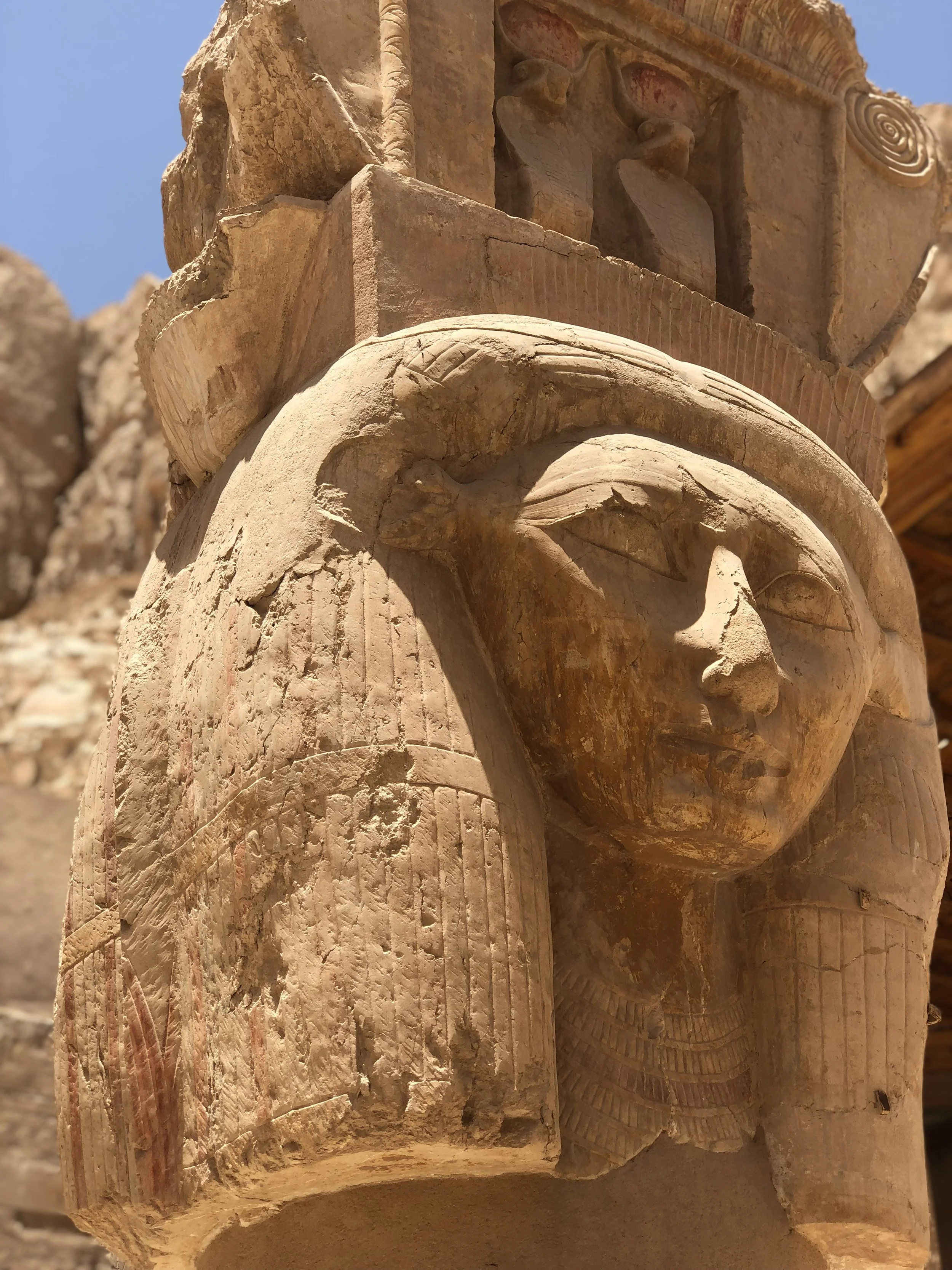 The chapel to the goddess of fertility sports Hathor columns, topped with her head
