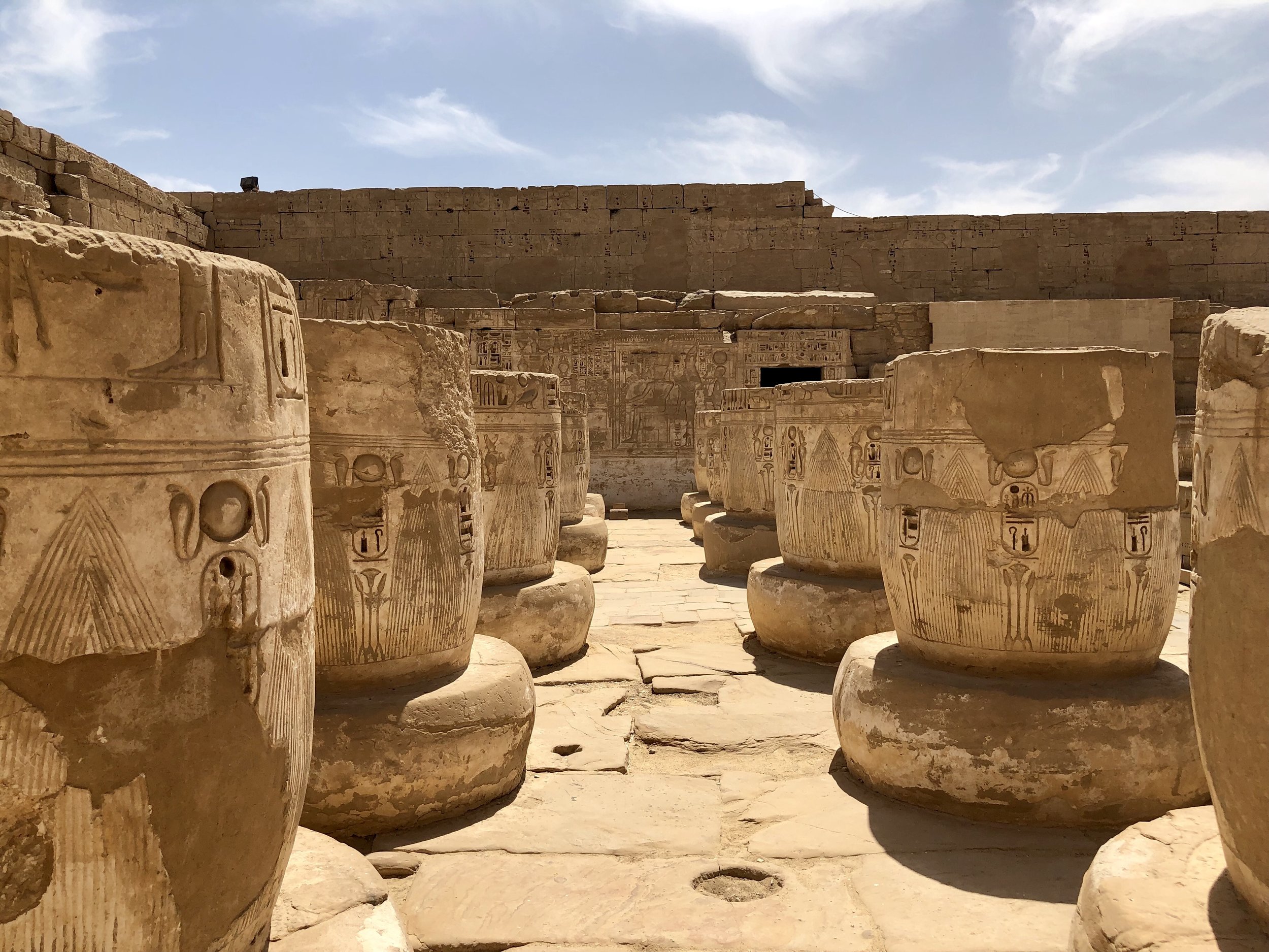 Out back is the Great Hypostyle Hall, modeled after Karnak’s — again Ramesses III gained inspiration from his father, Ramesses II
