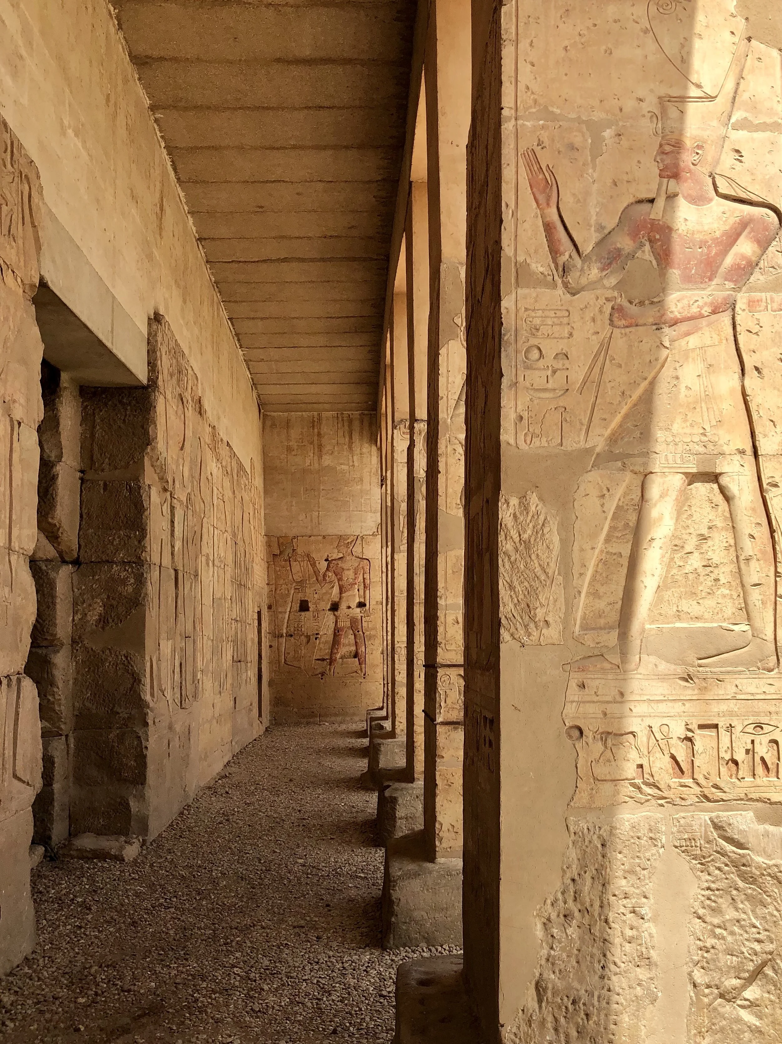 You can tell the parts of the temple that were added by Ramesses II because the depictions are carved into the stone rather than being proper bas-reliefs