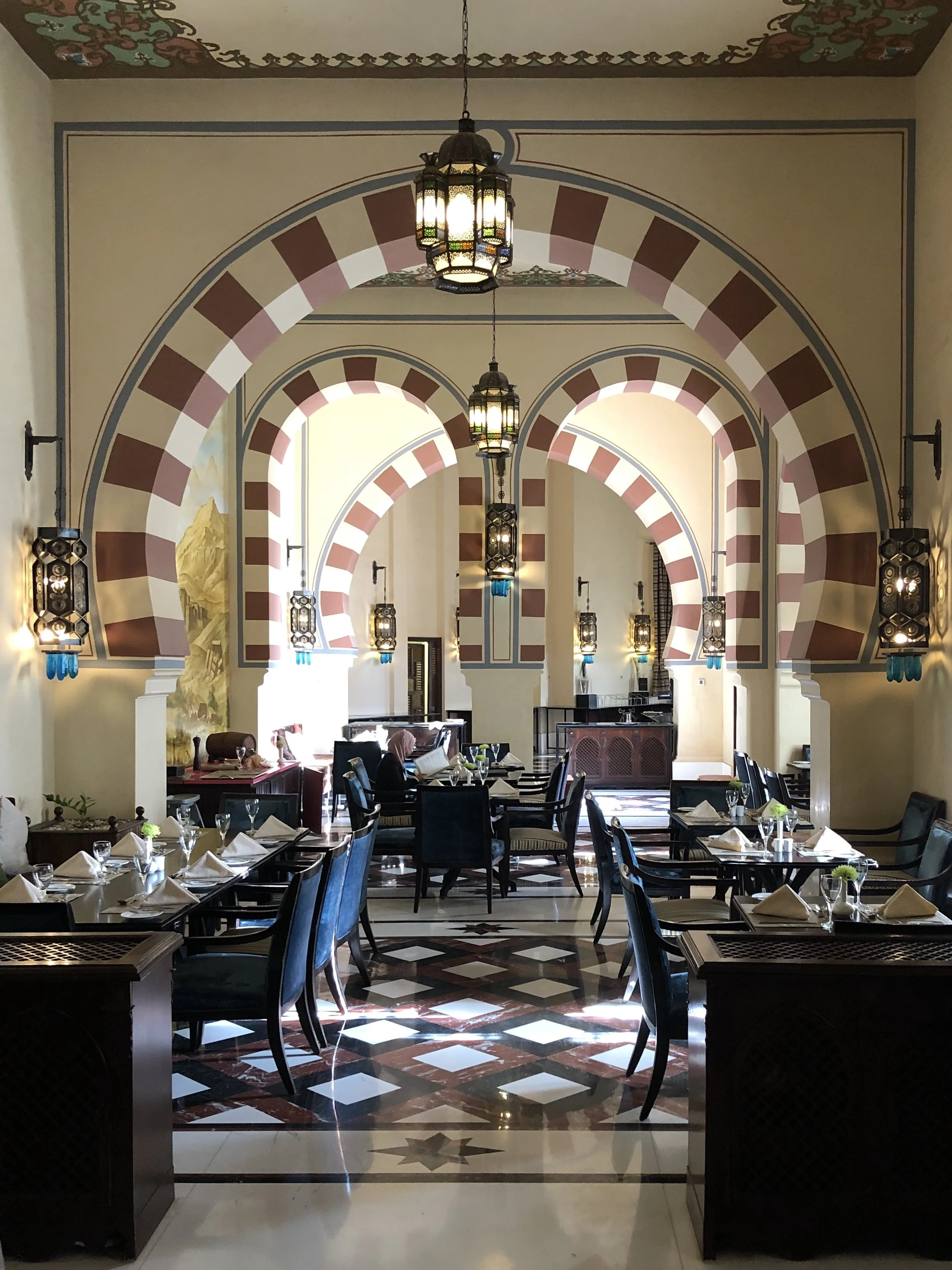 These colorful arches frame the indoor restaurant, where the breakfast buffet is served
