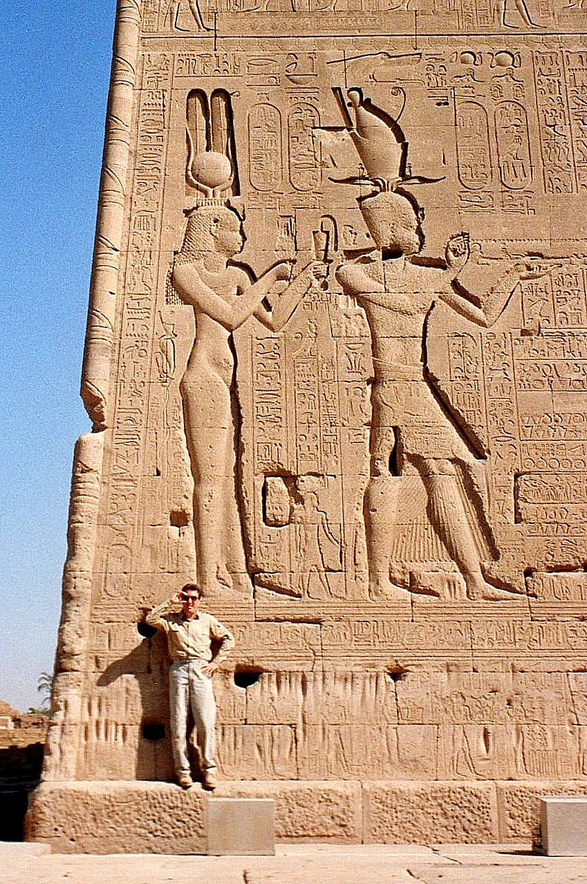 Kenneth posing with Cleopatra and Caesarion on the rear wall of the temple complex at Dendera