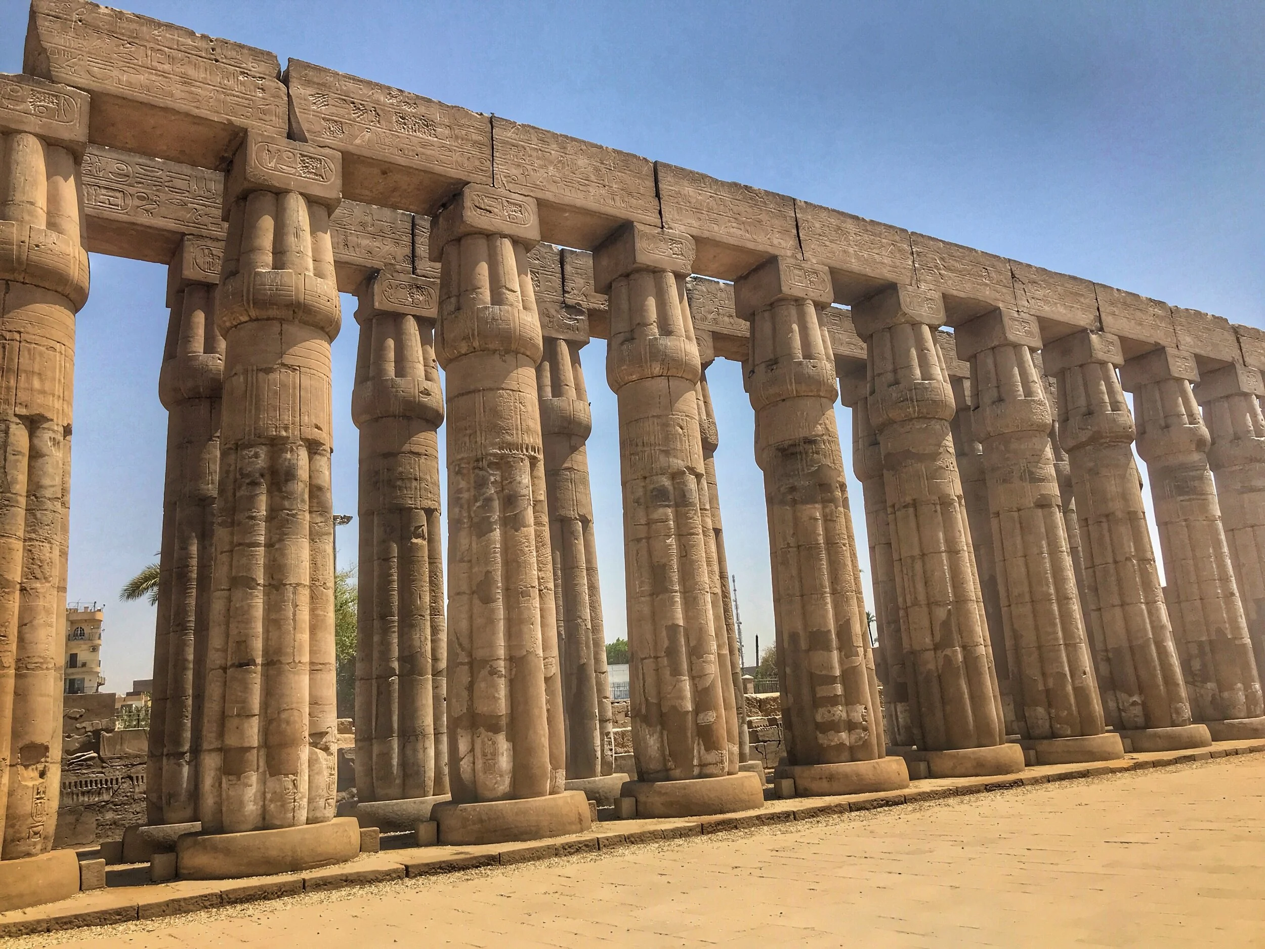 This colonnade was designed to resemble bundles of papyrus, an important plant for the Egyptians, used to make paper, sandals and other essentials