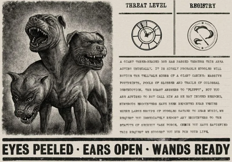 An alert for Fluffy, the Three-Headed Dog once cared for by Hagrid