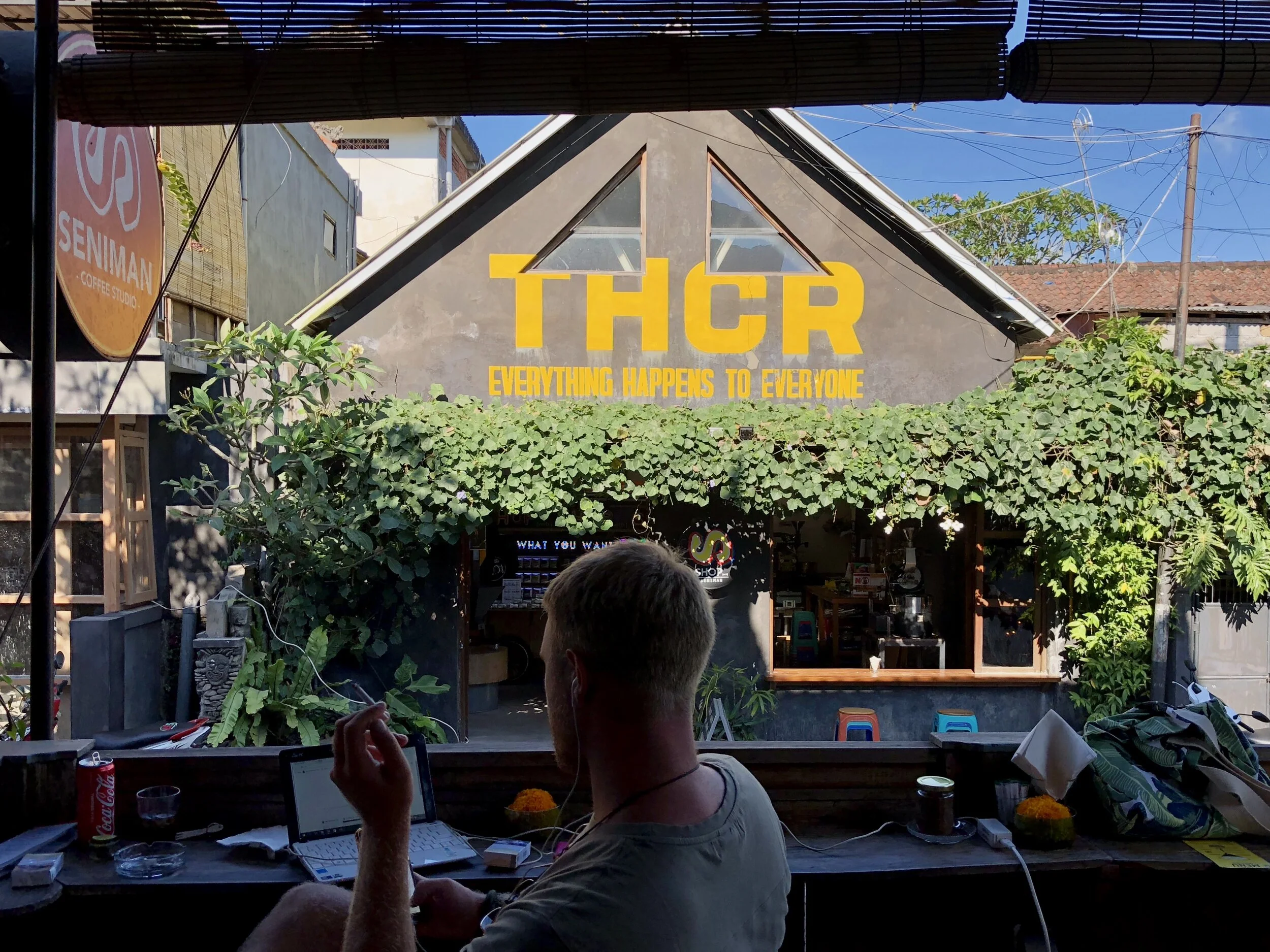 Buy coffee to go, T-shirts and other items at THCR across the street.