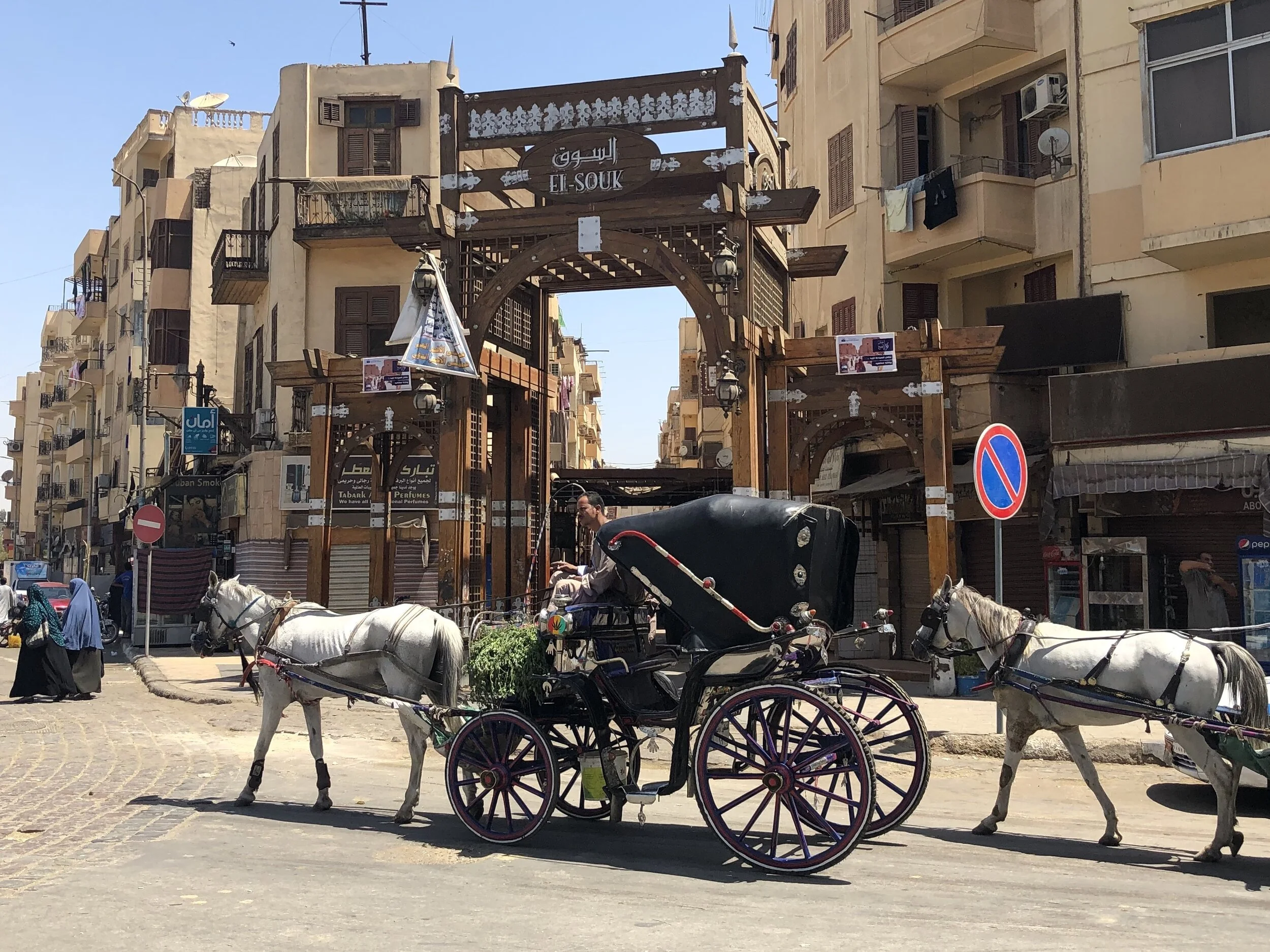Beneath the latticework archway lies the entrance to the Luxor souk — just be careful of the horse and carriages.