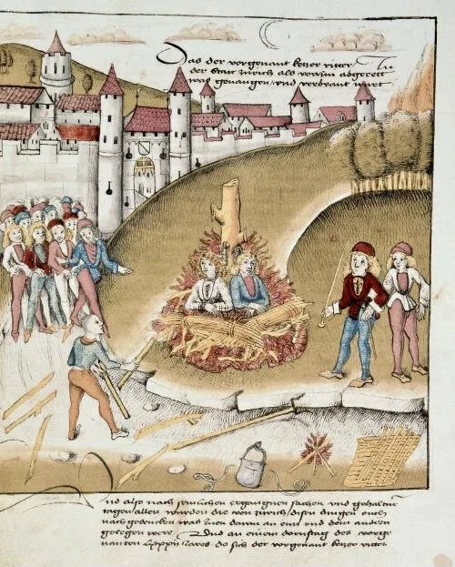 Perhaps these two were caught selling counterfeit saffron — and were burned at the stake!