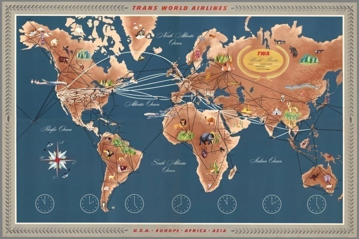 An old map that shows TWA’s routes