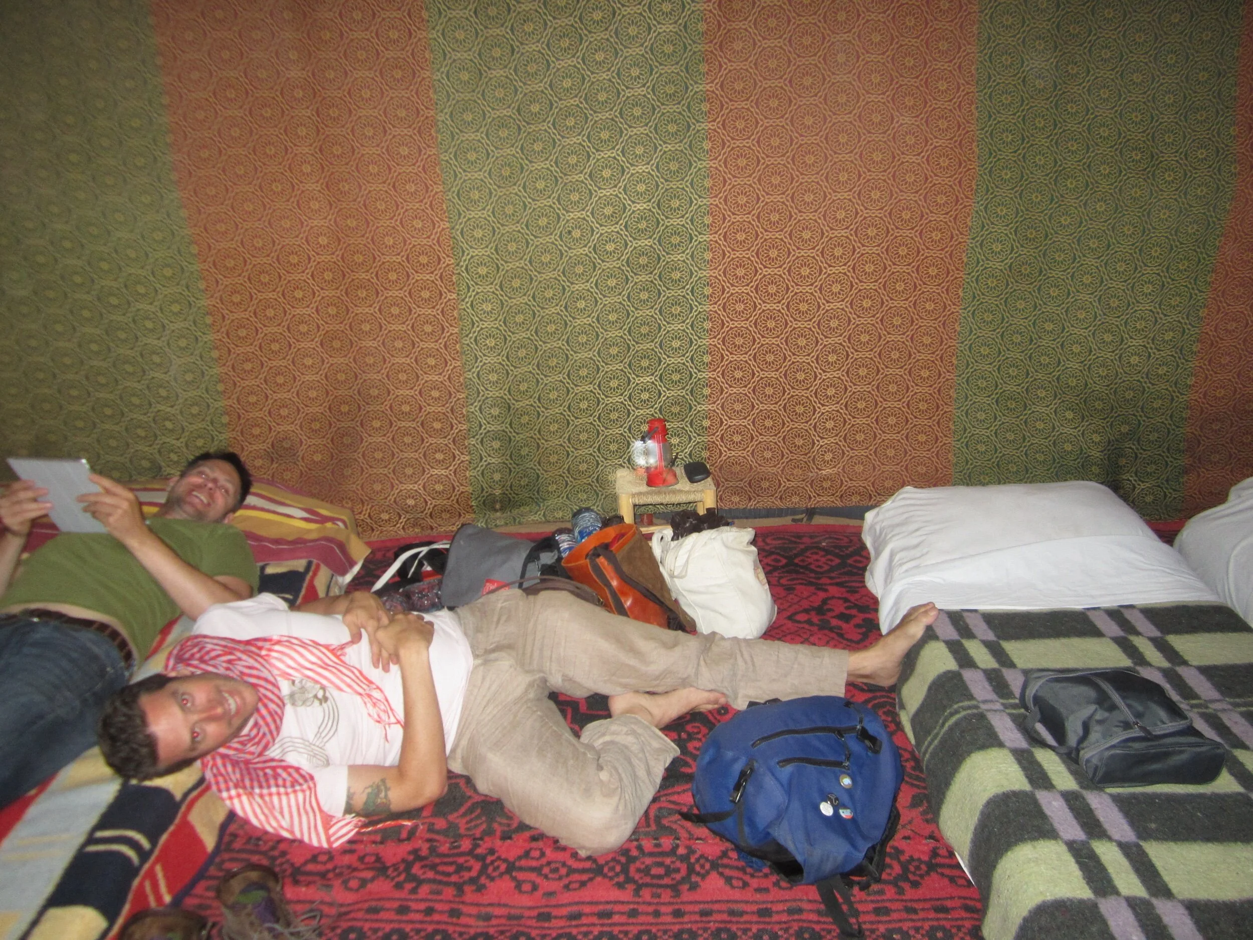 Duke and Wally lounge in the tent, glad they didn’t have to share it with any of the boisterous Dutch travelers.