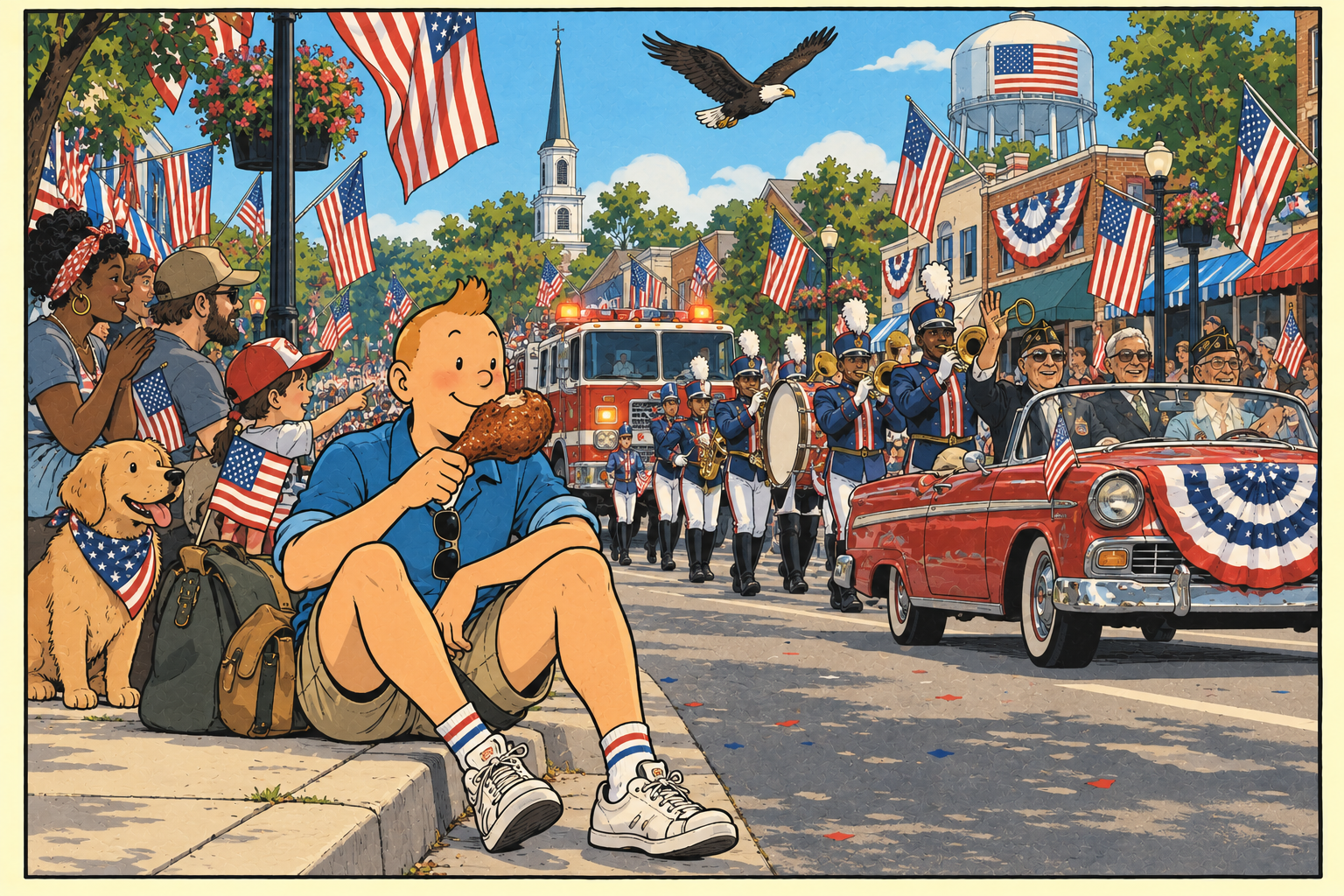 A Tintin-like character eats a massive turkey leg while sitting on a curb watching a 4th of July parade, filled with U.S. flags
