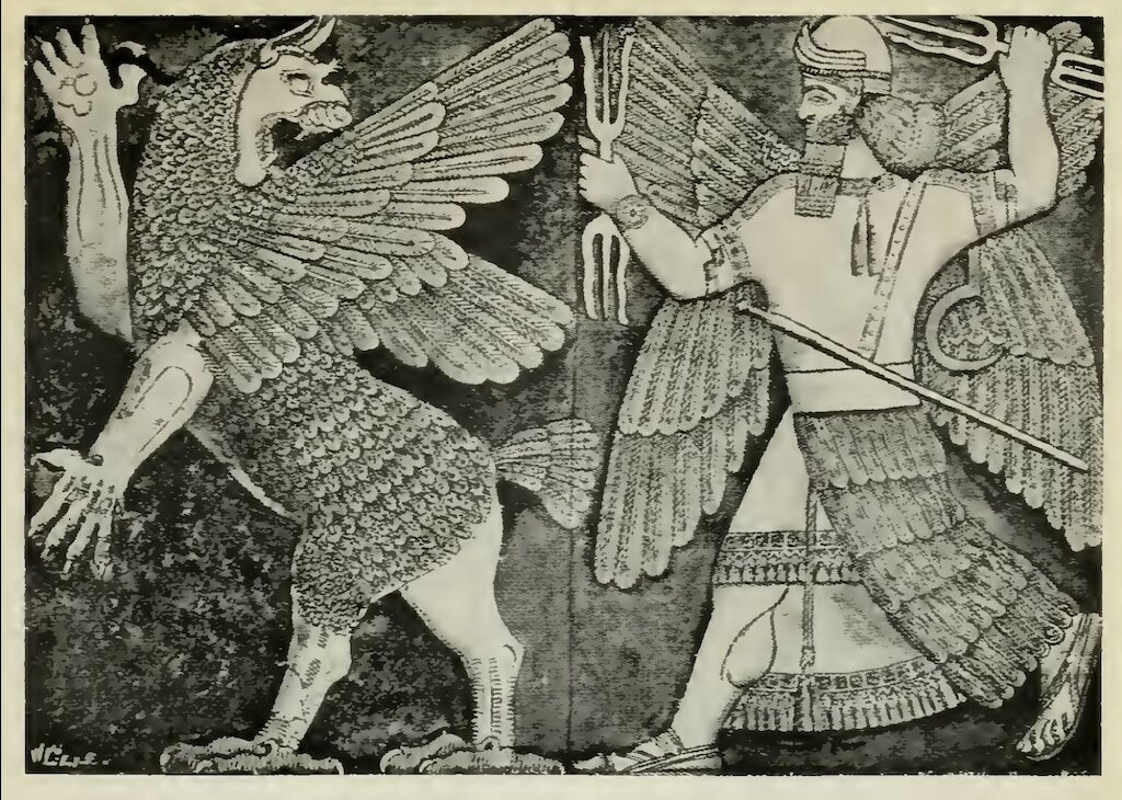 Marduk, god of justice, defeats Tiamat, the goddess of chaos.