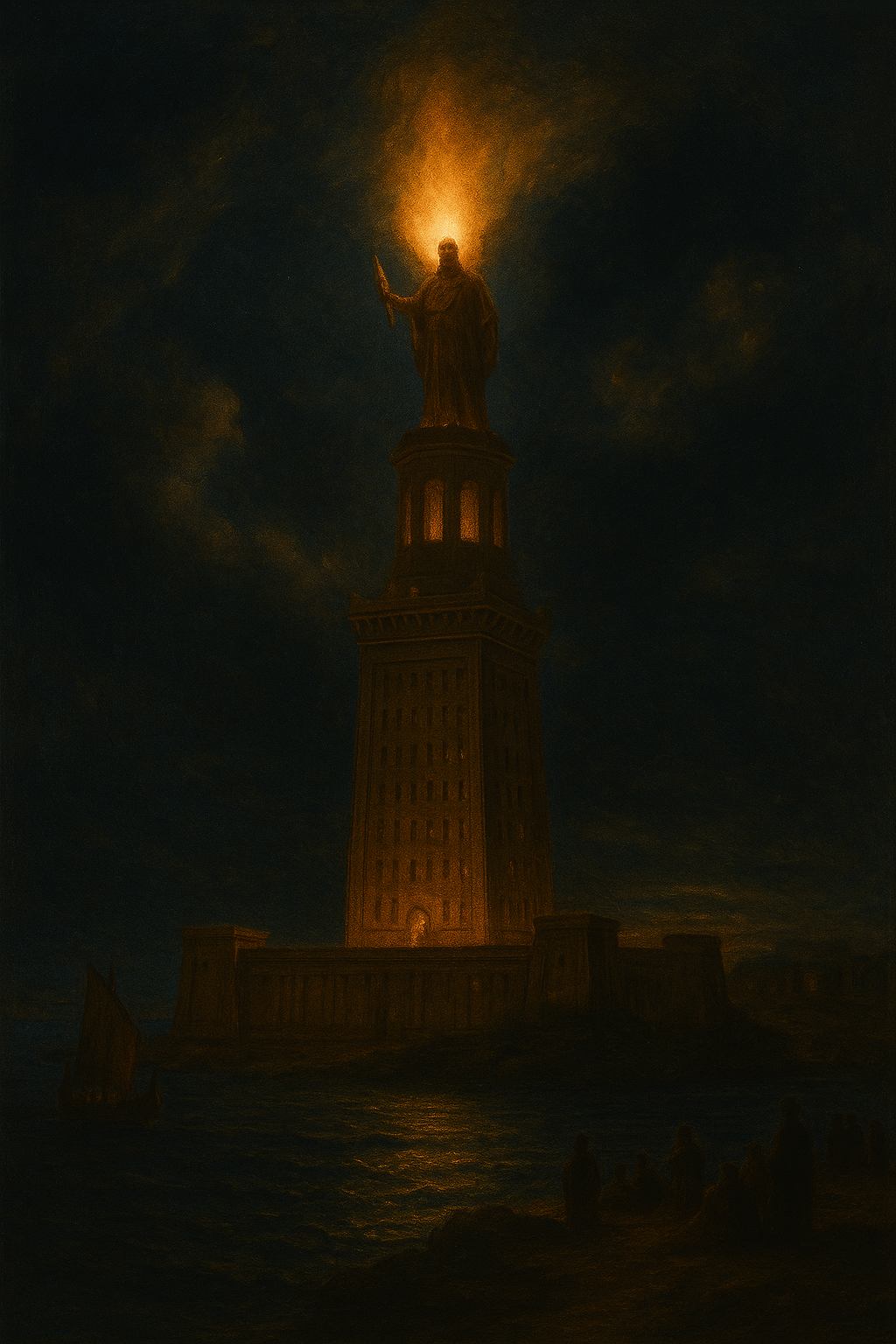 The Lighthouse of Alexandria, a Wonder of the Ancient World, at night, ablaze and topped by a statue of Zeus