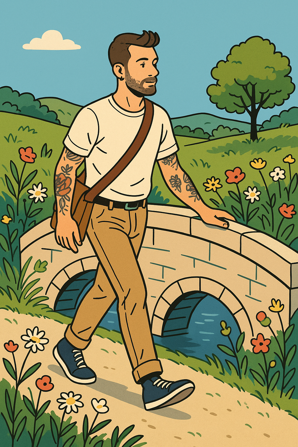 A man with arm tattoos walks past an arched bridge over a stream in a field of flowers