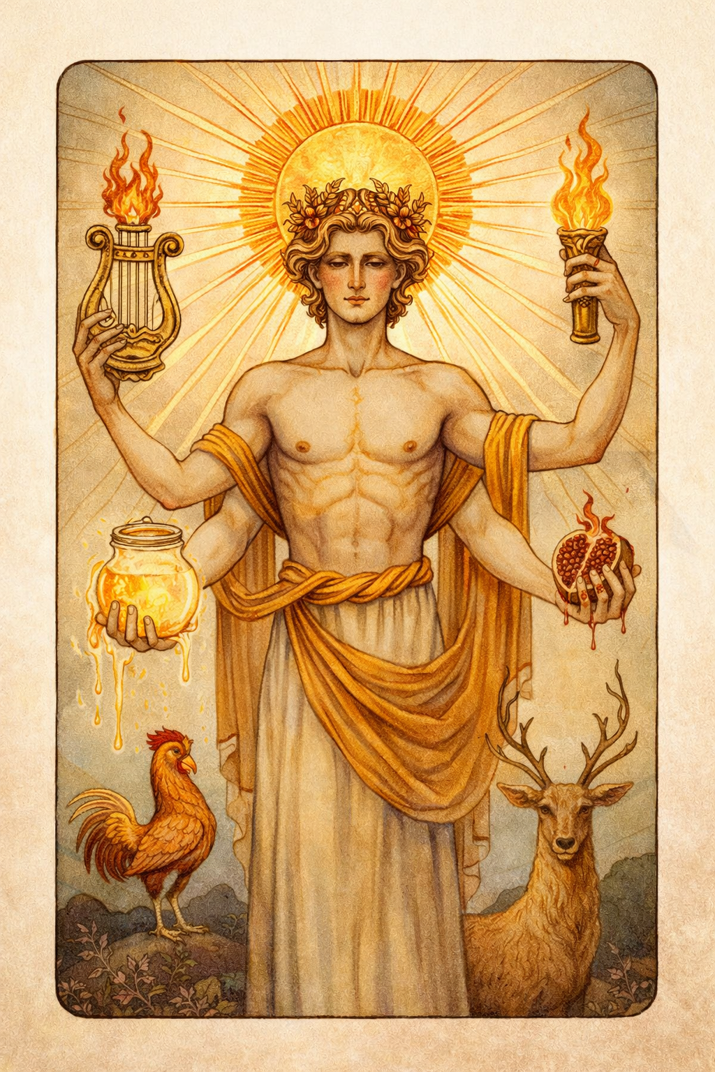 A four-armed Apollo shines bright, holding a lyre, torch, jar of honey and open pomegranate, with a rooster and deer at his feet,