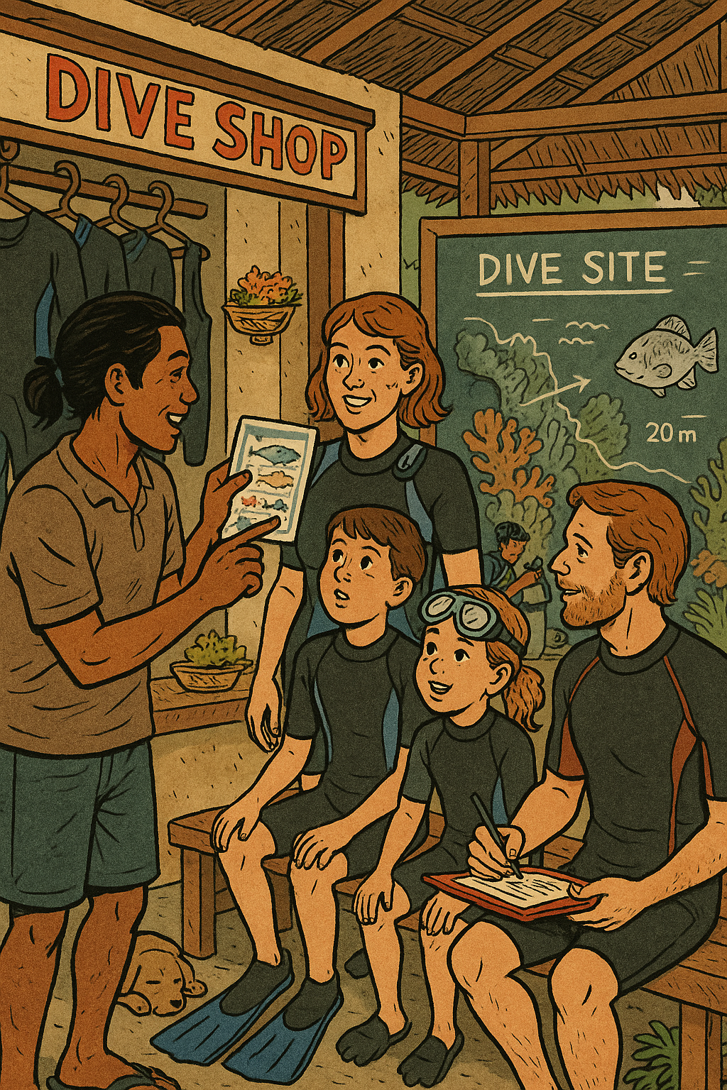 A Balinese man instructs a family getting ready to go scuba diving