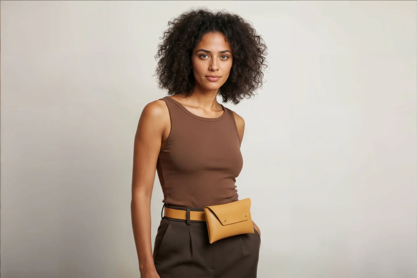 A woman wears a tan leather belt bag from Atelier Madre