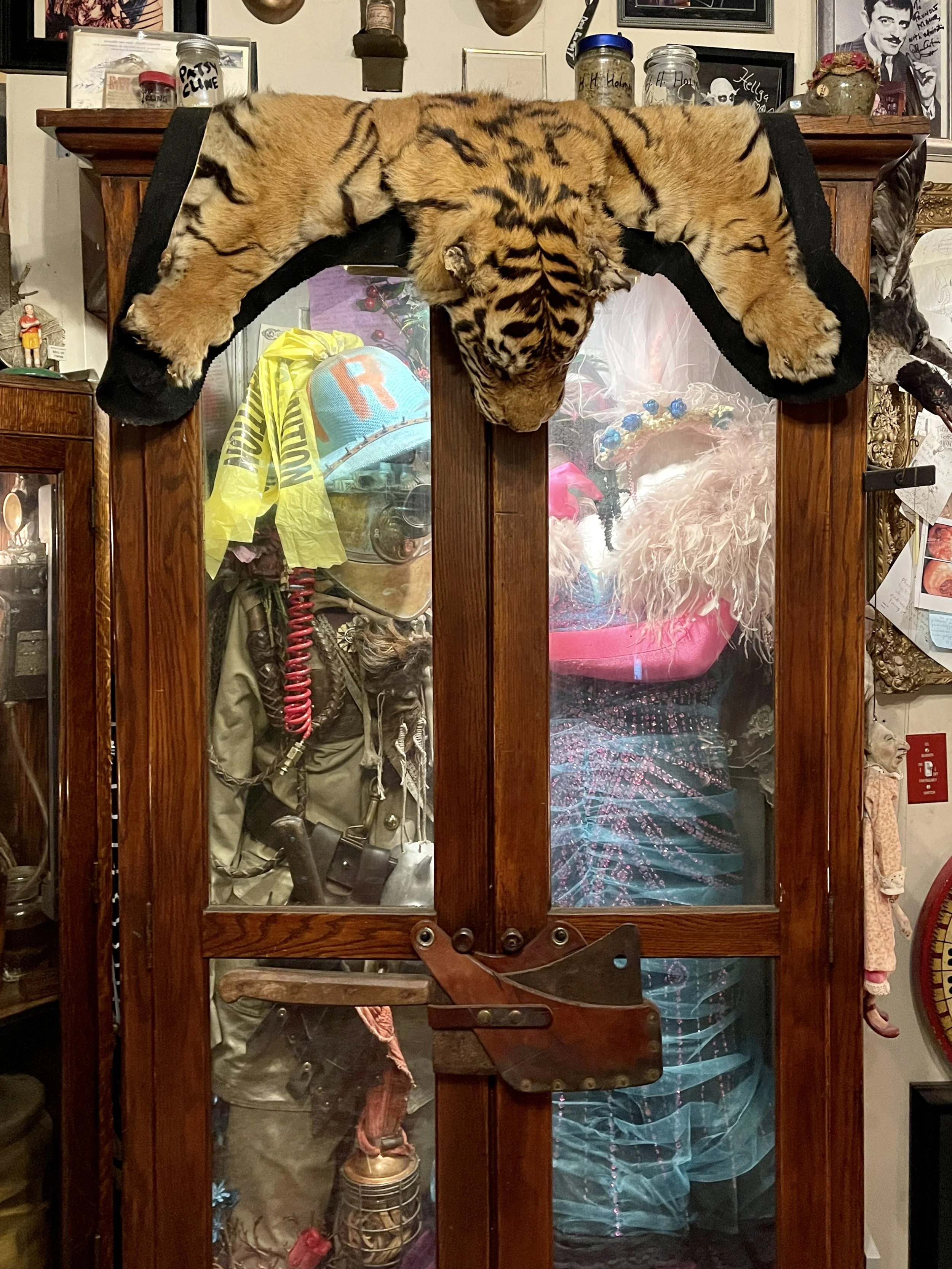 Sumatran tiger rug over cabinet holding the wedding dress worn by Velda von Minx, co-proprietor of Trundle Manor in Pittsburgh