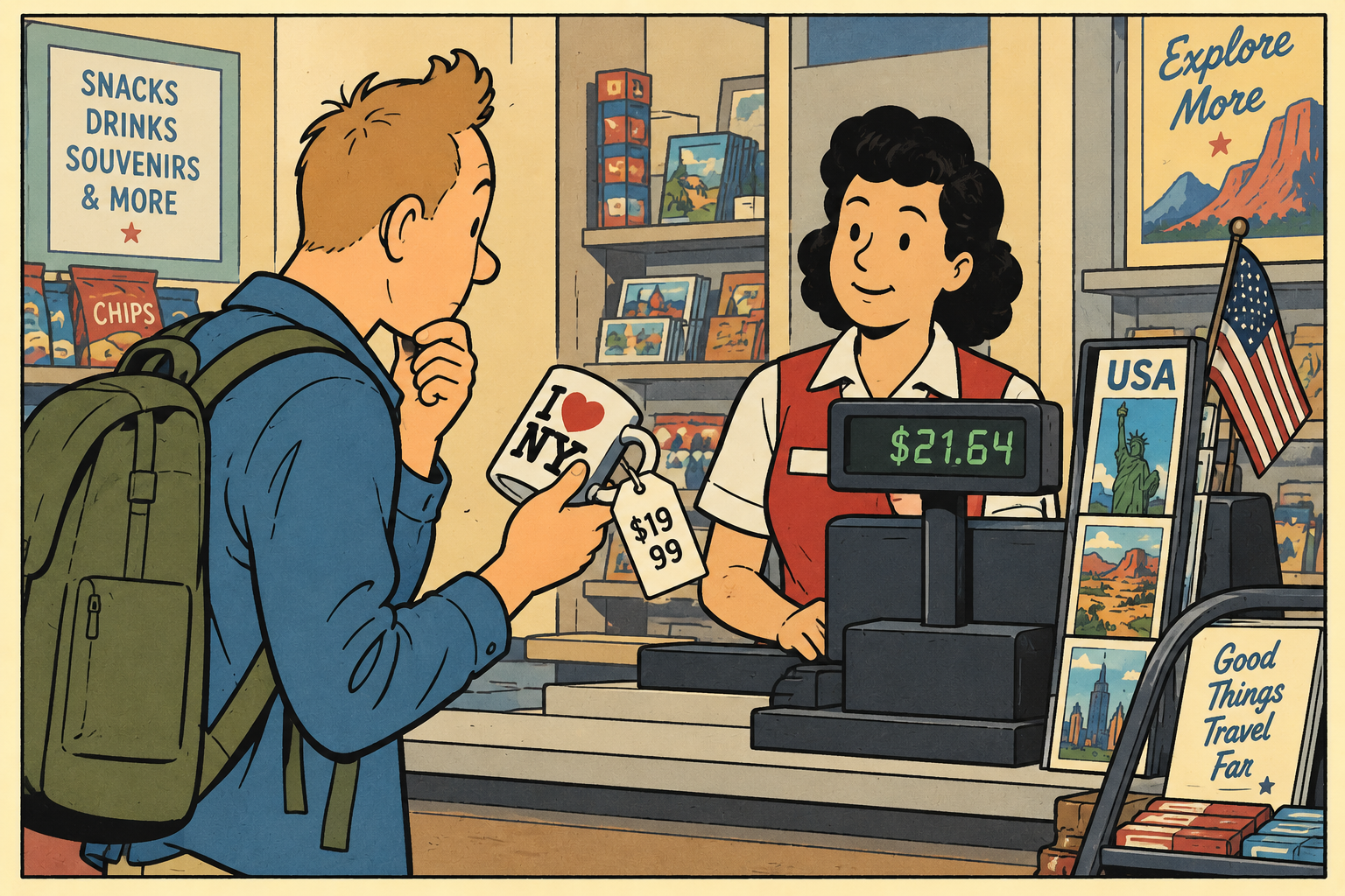 A man looks at an I Heart NY mug in a souvenir store, confused why he has to  pay $21.64 when the price tag says $19.99