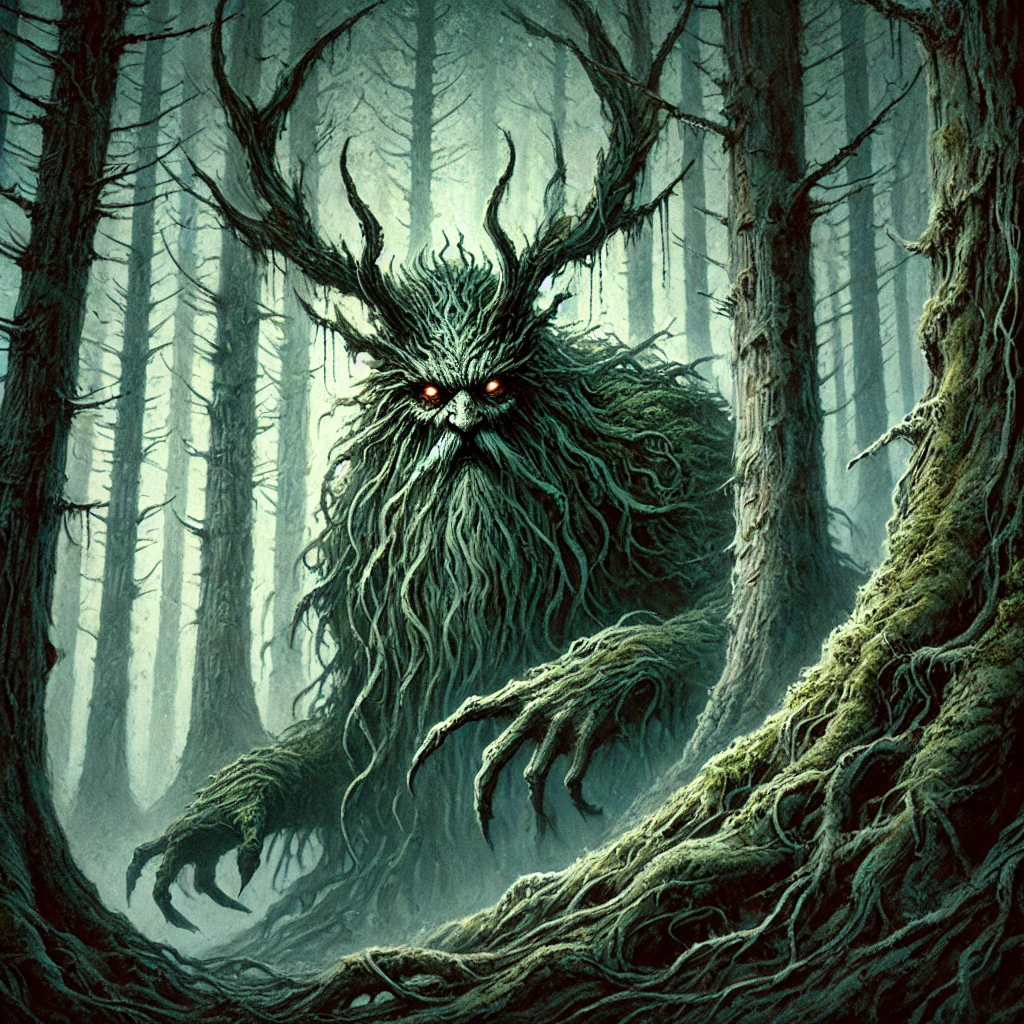 A leshy, large, gnarled like a tree, with glowing eyes and staglike horns