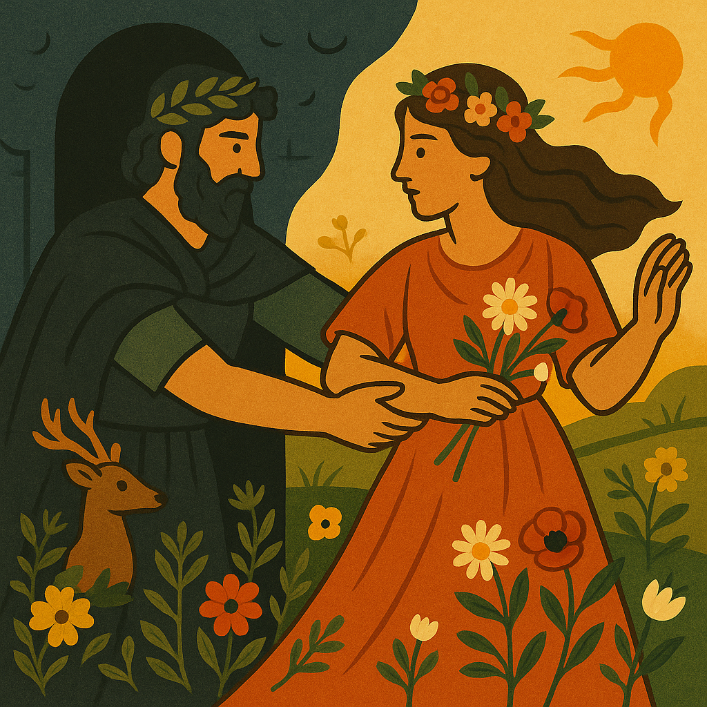 The Greek god Hades emerges from the Underworld to kidnap Persephone, goddess of the spring, as she gathers flowers