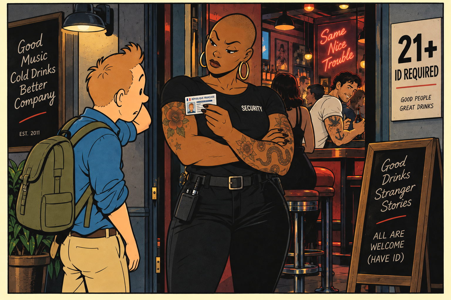 A female bouncer with tattoos and shaved head looks at a man's French ID at a bar