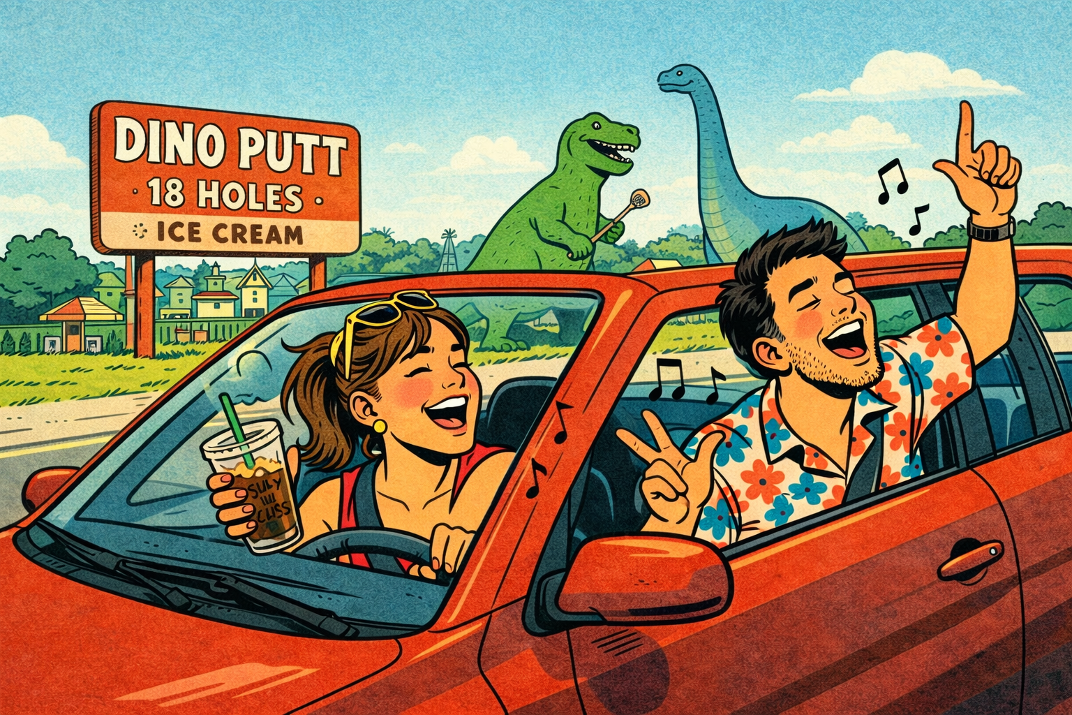 A young woman driving a car holds an iced coffee while her friend leans out the window, singing a song as they pass Dino Putt, a mini golf course