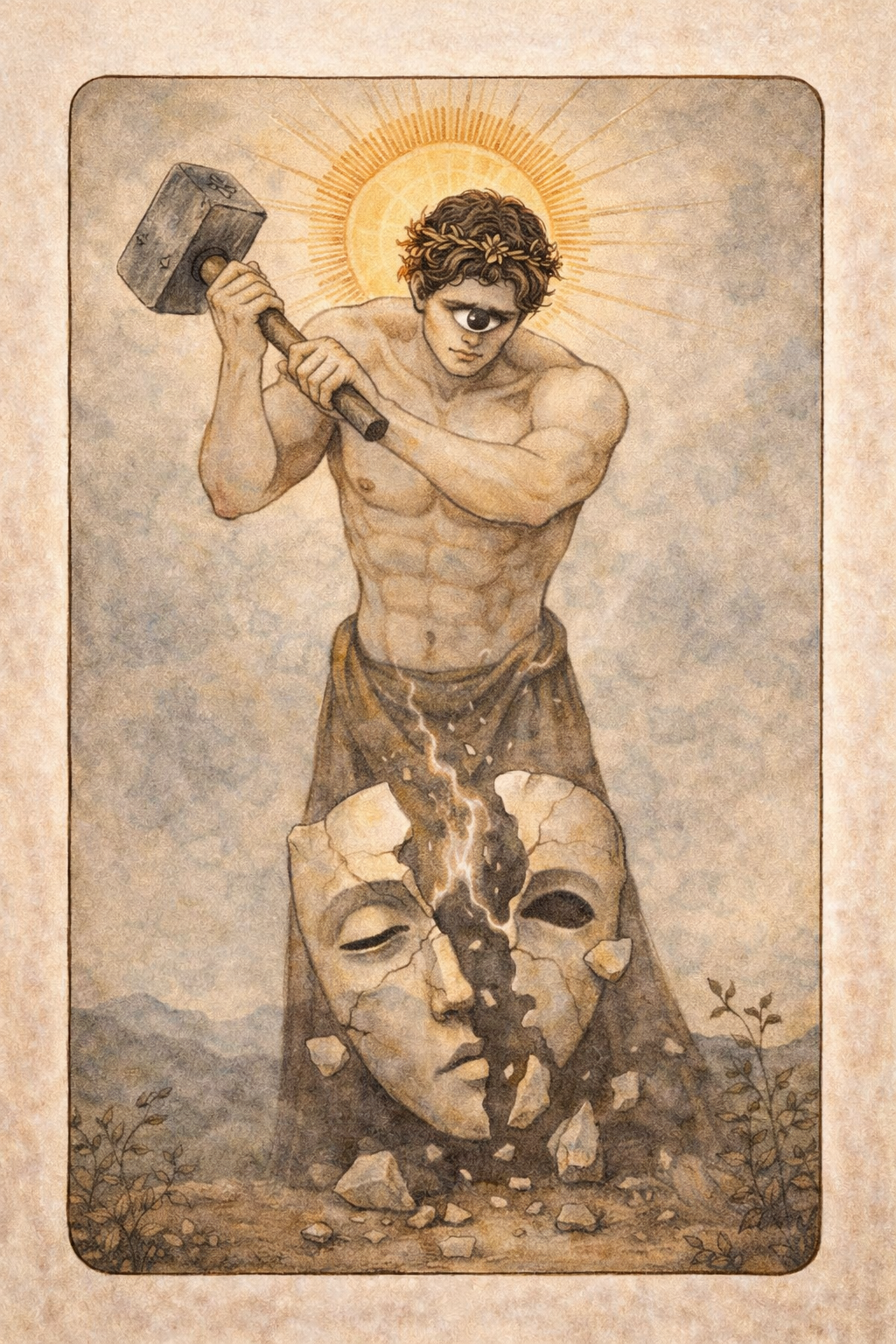 A cyclops with a nimbus and flower wreath uses a massive hammer to smash a mask