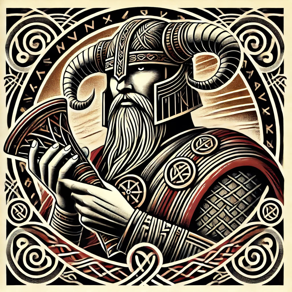 Heimdall, the Norse god, wears a helmet with horns curving down and holds his horn
