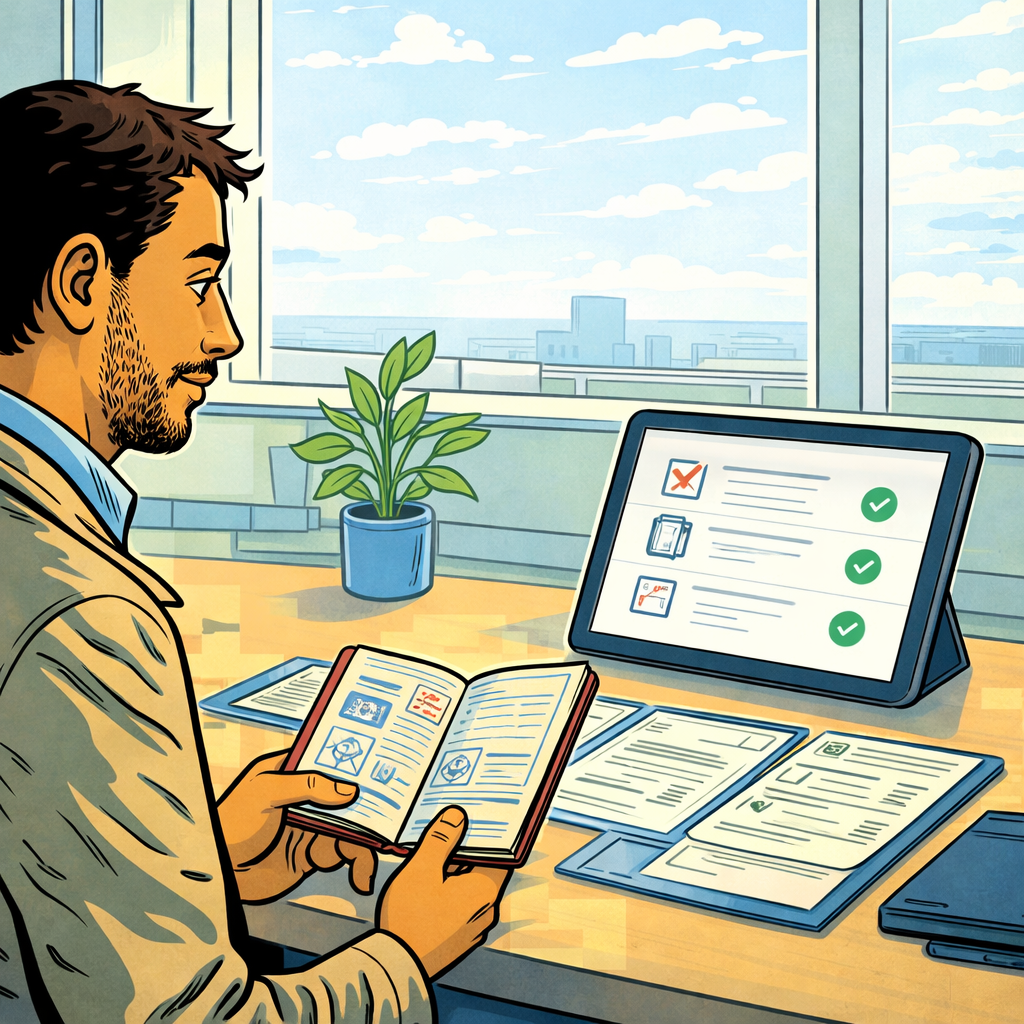 A man hold his passport while he looks at his computer screen, where he got help with his visa