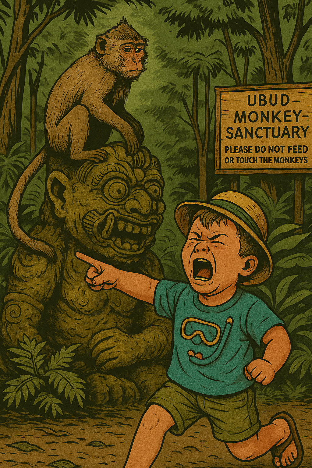 A toddler throws a tantrum, pointing at a monkey atop a demonic statue in the Ubud Monkey Sanctuary forest in Bali